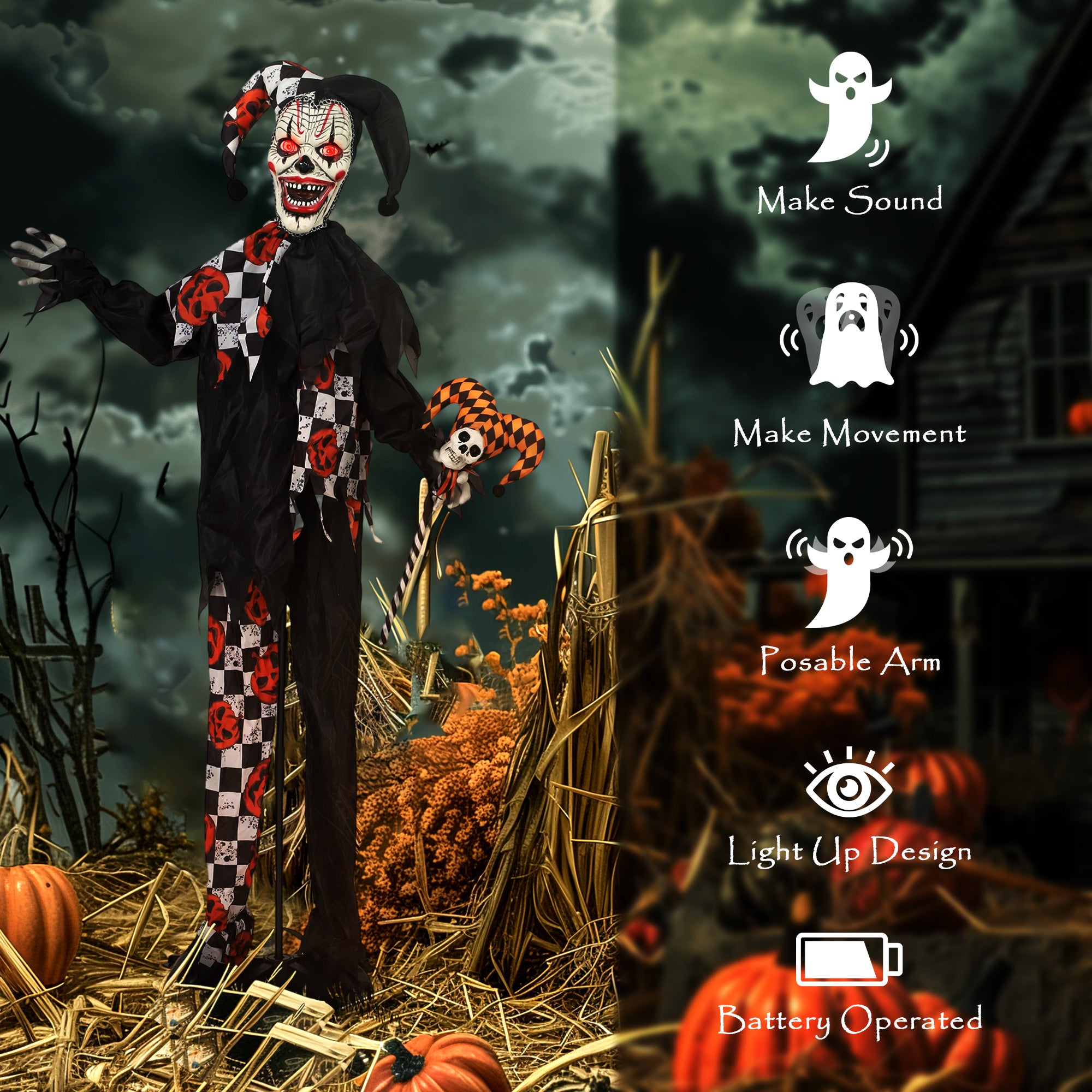 Outsunny 183 cm Life Size Halloween Animated Clown & Skull Staff with Red Light Up Eyes, Sound Activated Moving Arms & Head, Scary Clown Halloween Decorations, Battery Operated, Indoor Party Props