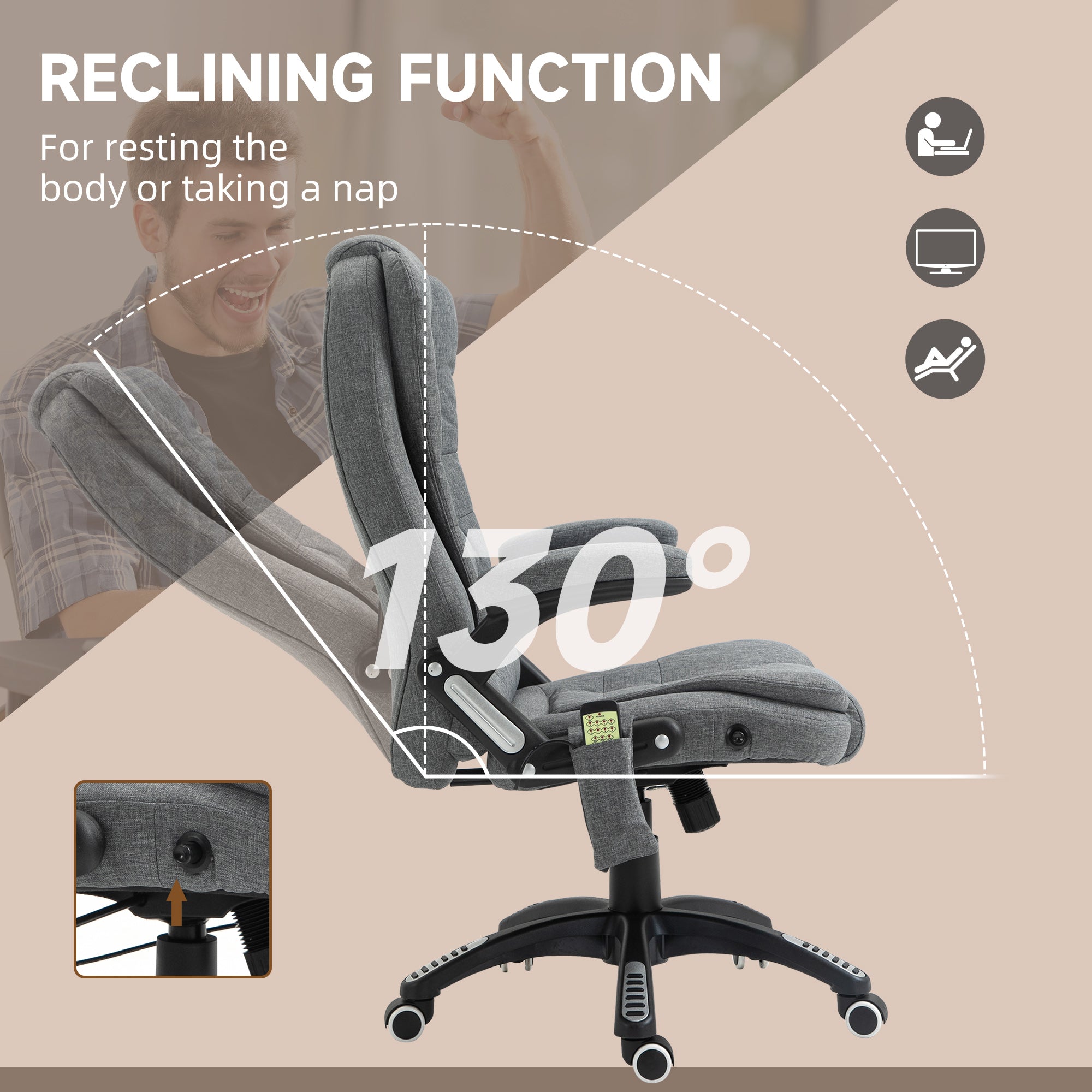 Vinsetto Massage Recliner Chair Heated Office Chair with Six Massage Points Linen-Feel Fabric 360\'c2\'b0 Swivel Wheels Grey