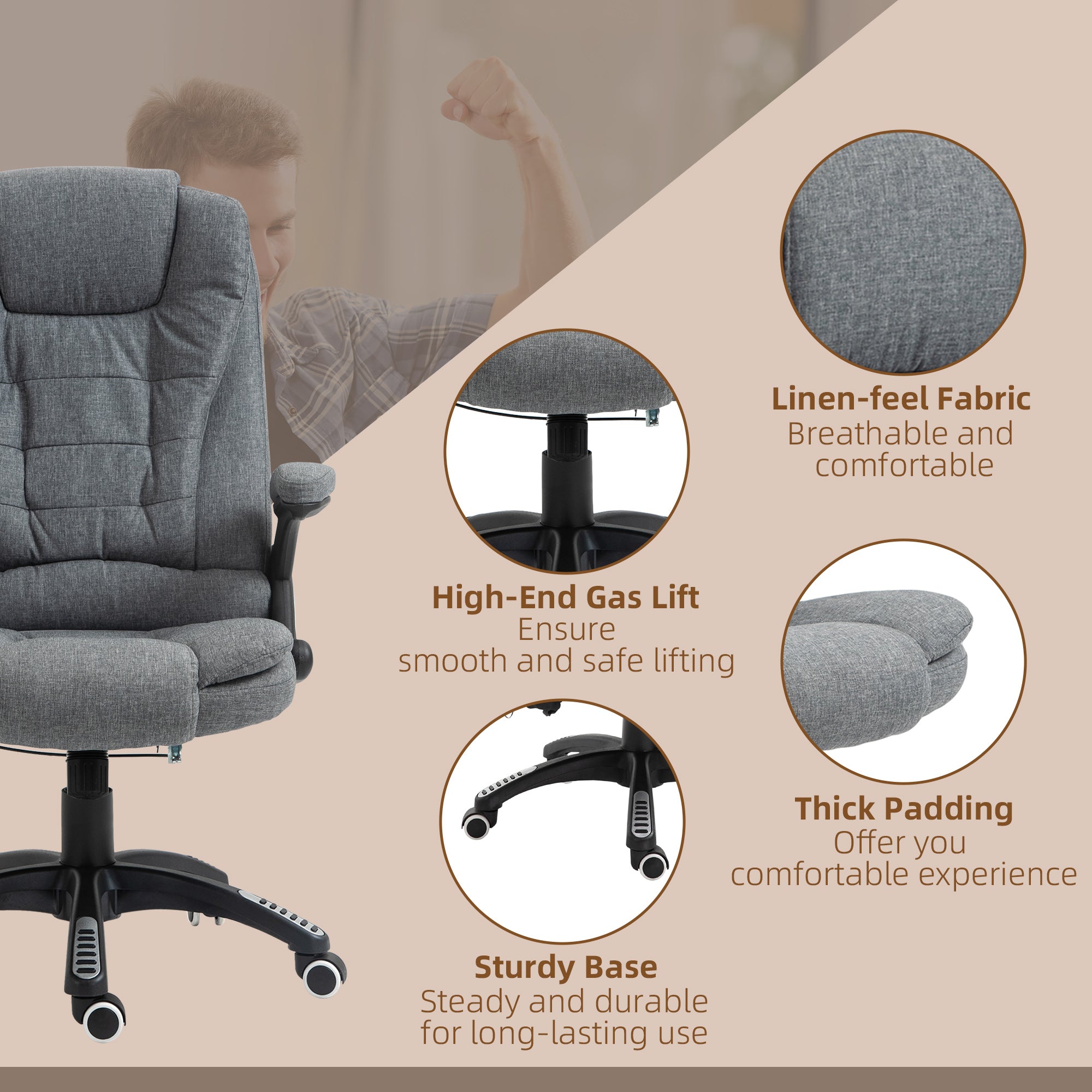 Vinsetto Massage Recliner Chair Heated Office Chair with Six Massage Points Linen-Feel Fabric 360\'c2\'b0 Swivel Wheels Grey