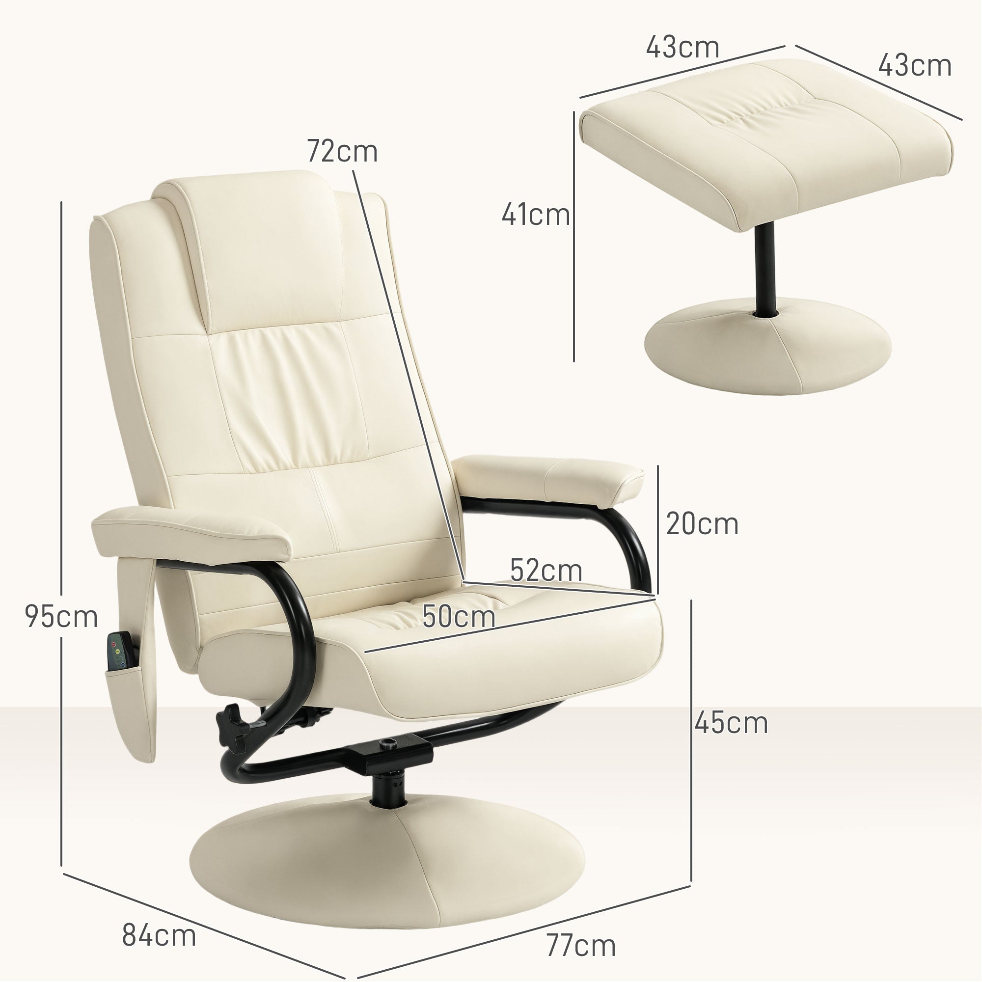 HOMCOM Swivel Recliner Chair and Footstool, Faux Leather Massage Recliner Armchair with Remote Control and Round Wrapped Base, Cream White