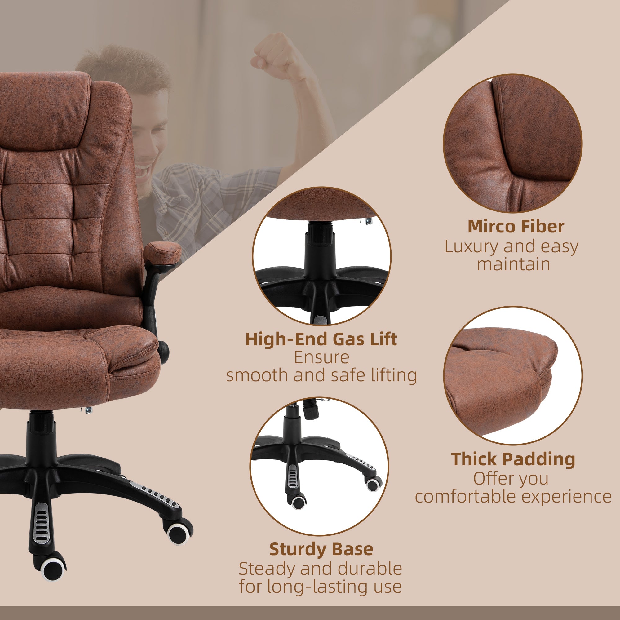 Vinsetto Massage Recliner Chair Heated Office Chair with Six Massage Points Microfiber Cloth 360\'c2\'b0 Swivel Wheels Brown