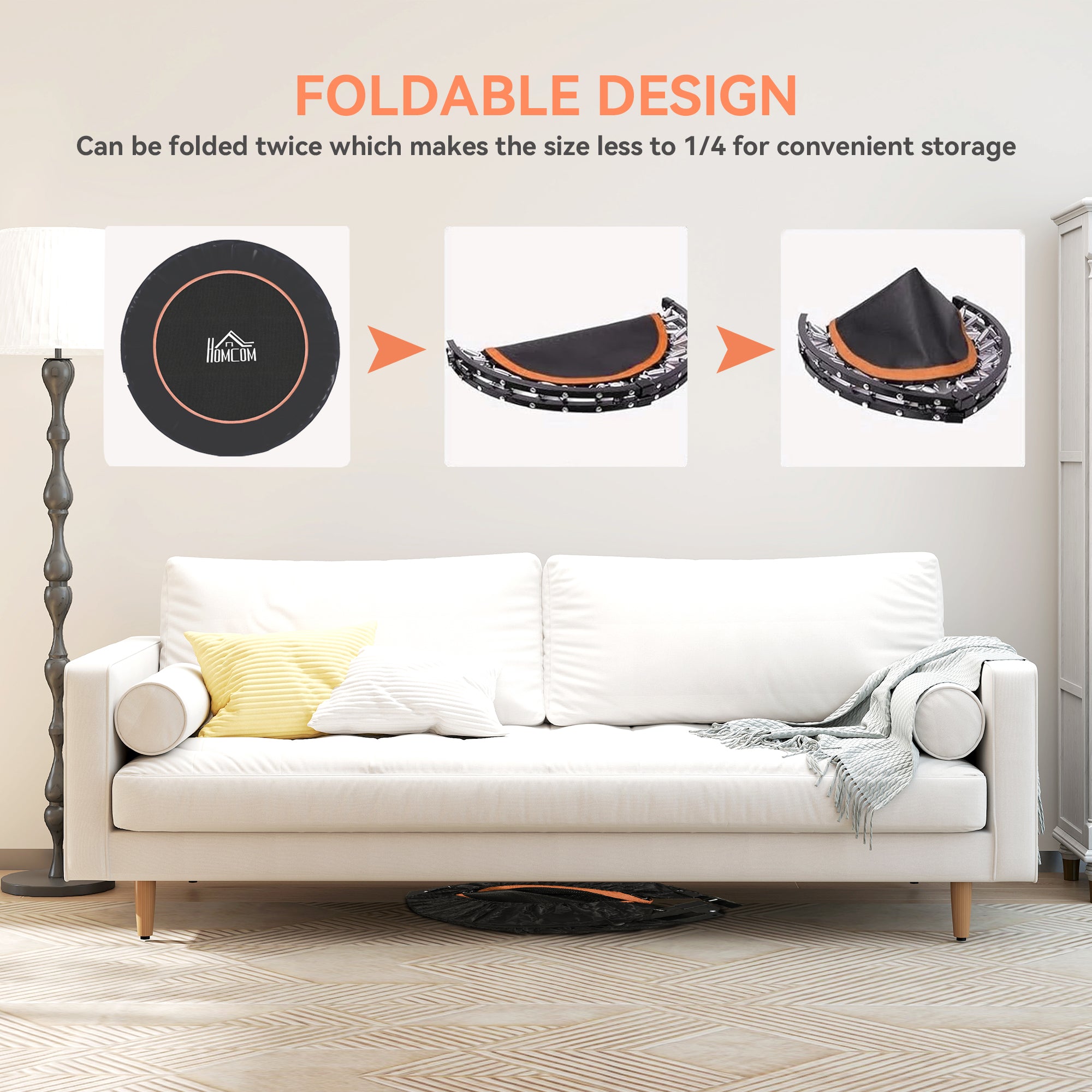 HOMCOM 45" Foldable Mini Fitness Trampoline, with Adjustable Foam Handle, Orange