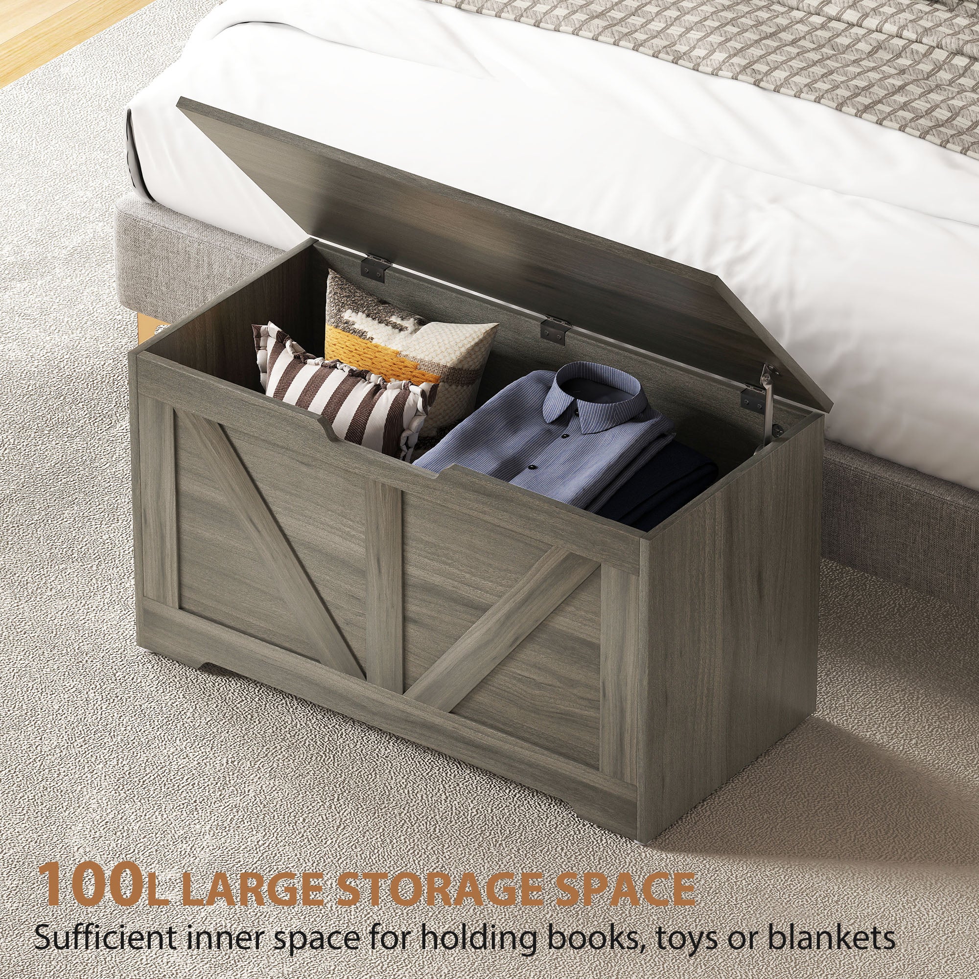 HOMCOM 100L Home Storage Box, with Safety Hinges - Charcoal Grey