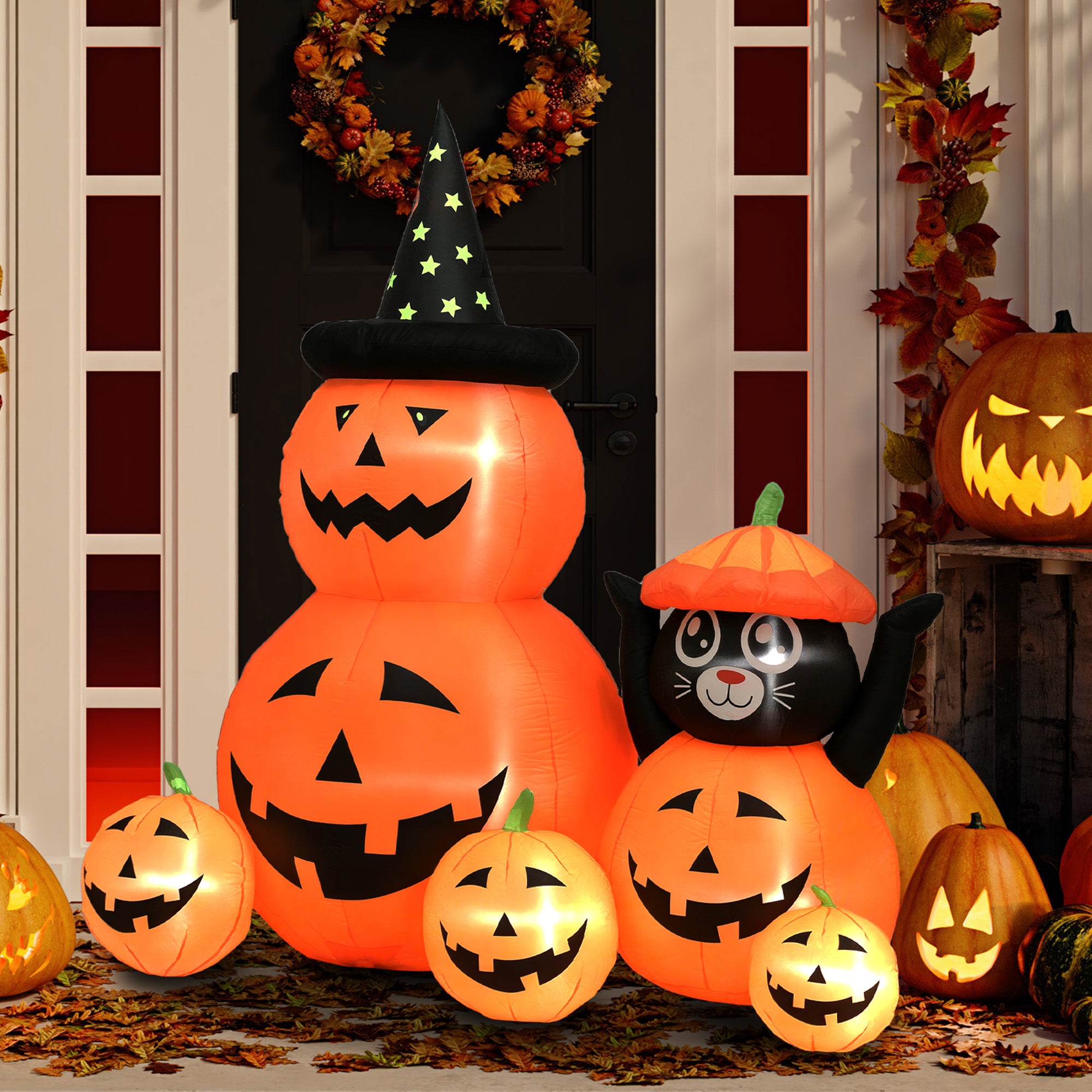Outsunny 180 cm Tall Halloween Inflatables Pumpkin and Cat with Built-in LED Lights, Self-Inflating Outdoor Halloween Decoration for Garden Party, Orange and Black