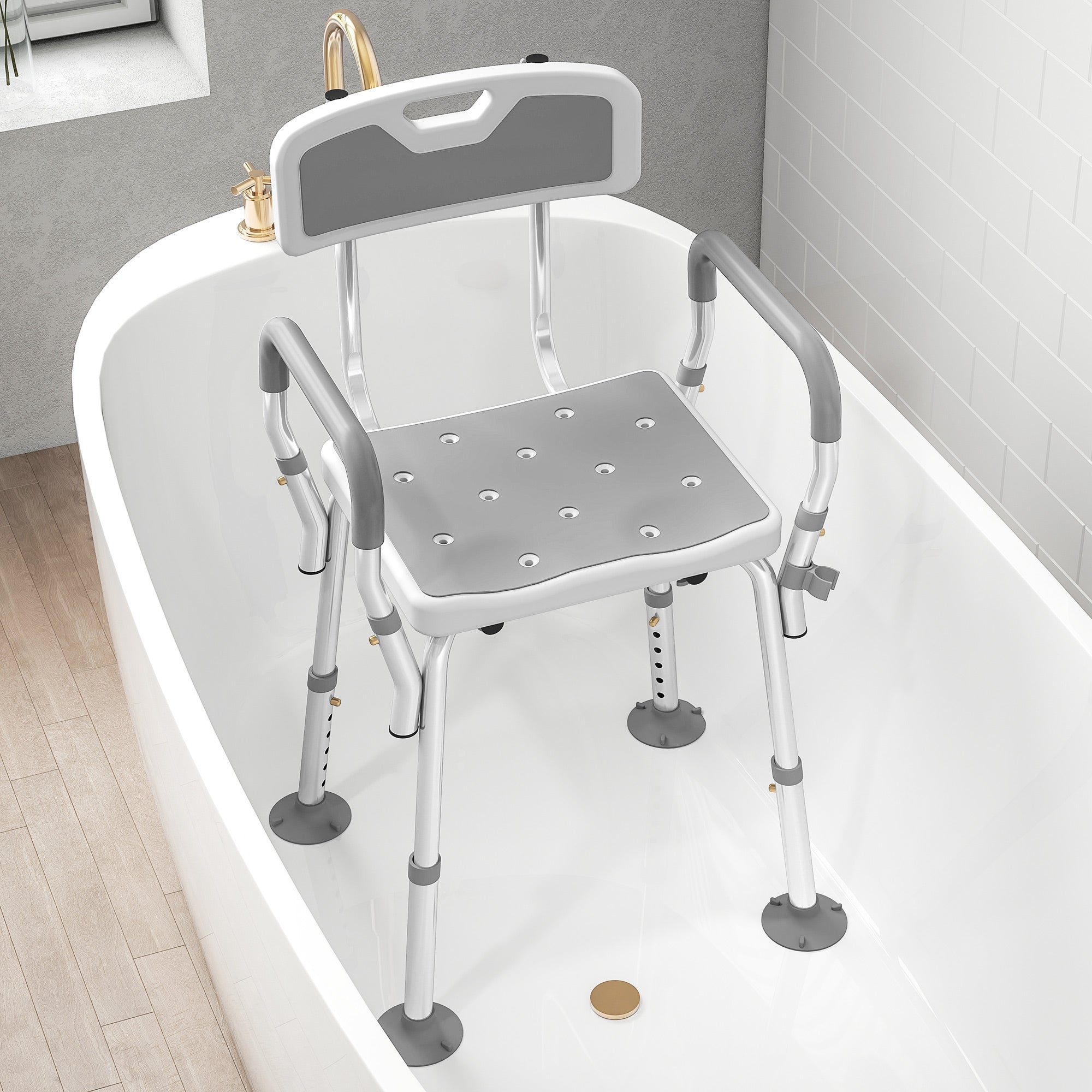 HOMCOM EVA Padded Shower Chair for the Elderly and Disabled, Height Adjustable Shower Stool with Back and Arms, 4 Suction Foot Pads, Light Grey