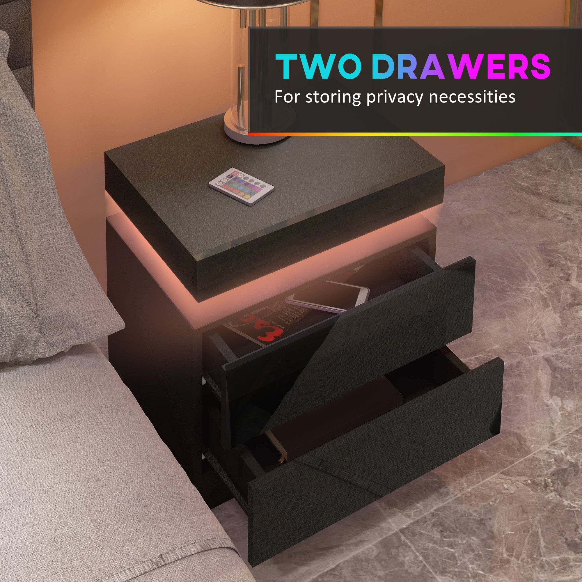 HOMCOM High Gloss Front Bedside Tables Set of 2, Nightstands with RGB LED Light and 2 Drawers, Chest of Drawers for Bedroom, Living Room, Black