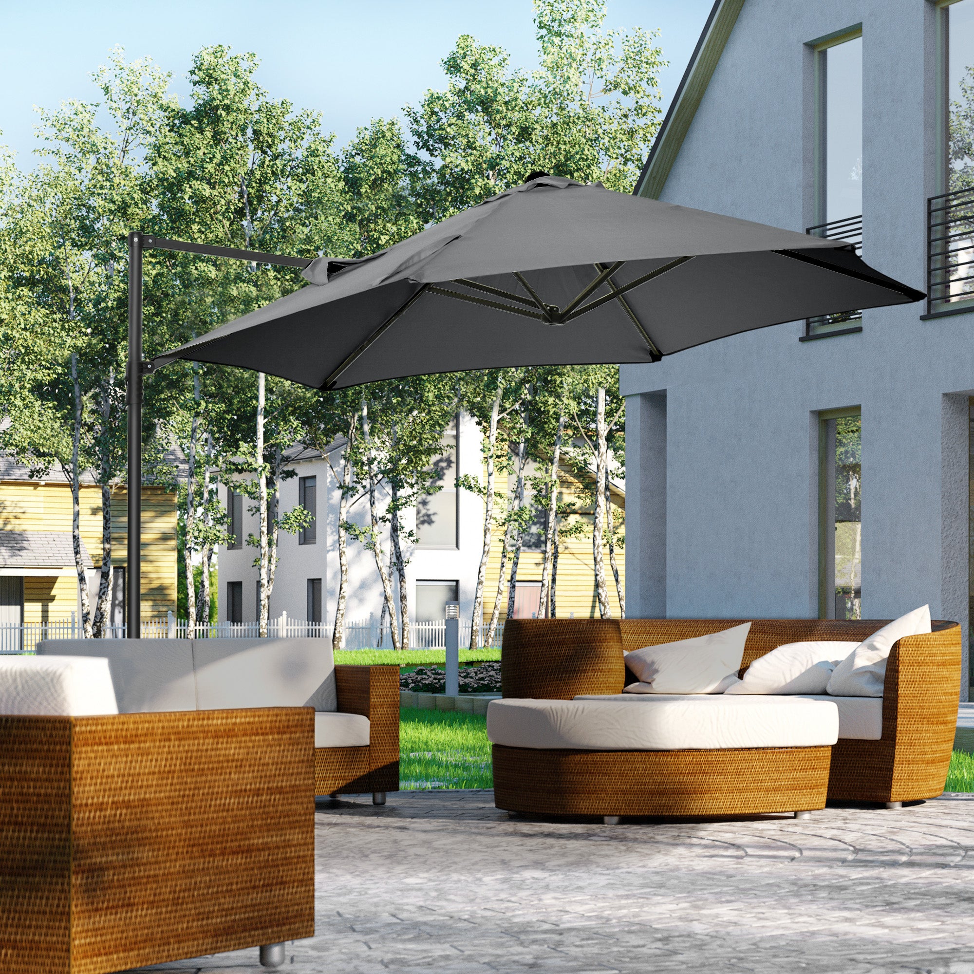 Outsunny 2.5M Garden Cantilever Parasol, Offset Roma Patio Umbrella Hanging Sun Shade Canopy Shelter with 360\'c2\'b0 Rotation and Cross Base, Dark Grey