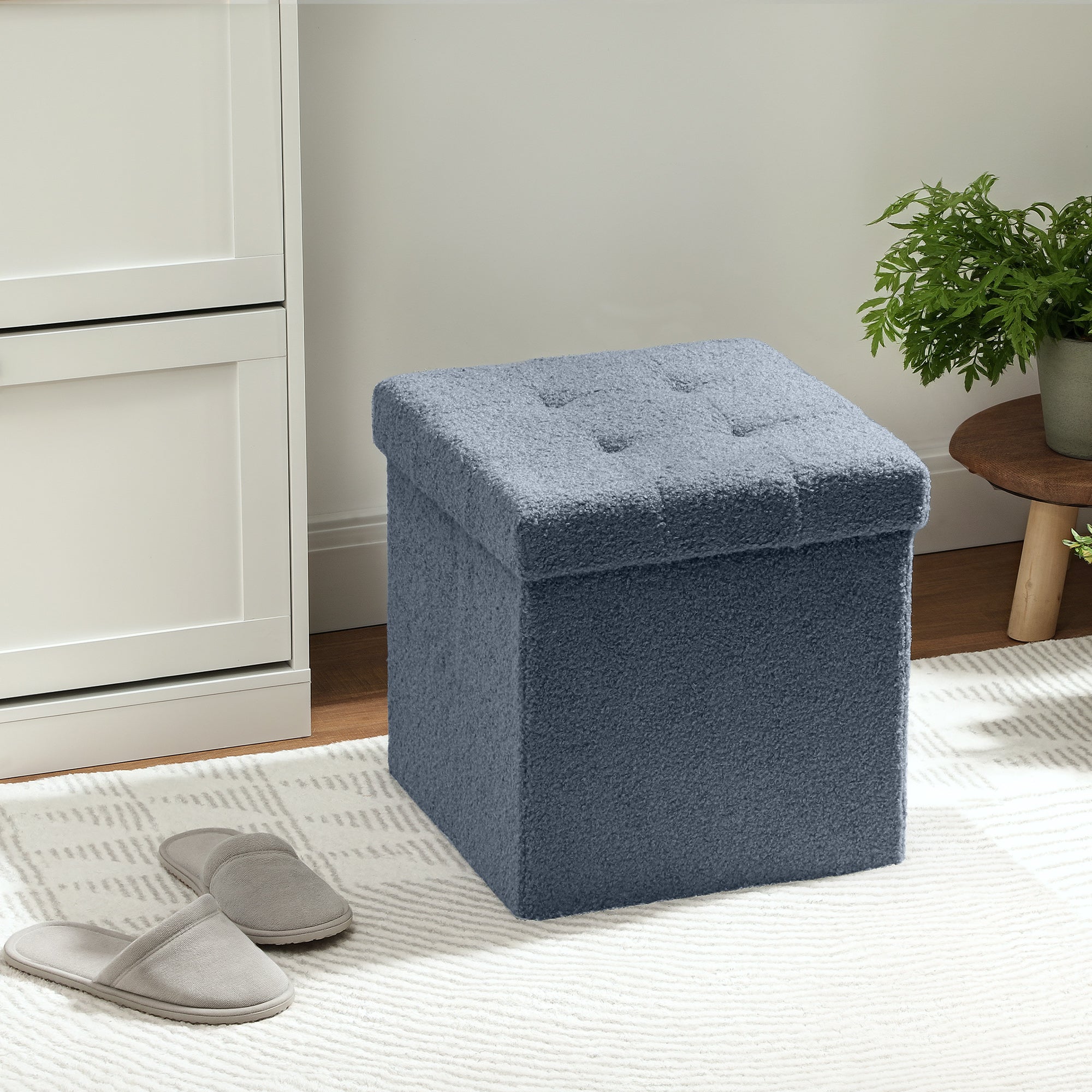 HOMCOM Foldable Sherpa Fleece Storage Ottoman - Blue