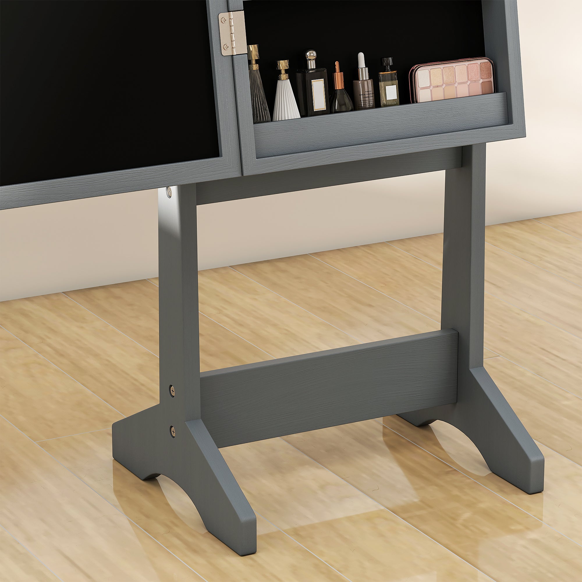 HOMCOM Free Standing Mirror Jewelry Cabinet with LED Lights, Jewellery Organiser with 3 Angle Adjustable, Full-Length Mirror with Storage for Earrings, Necklaces, Rings and Lipsticks, Grey