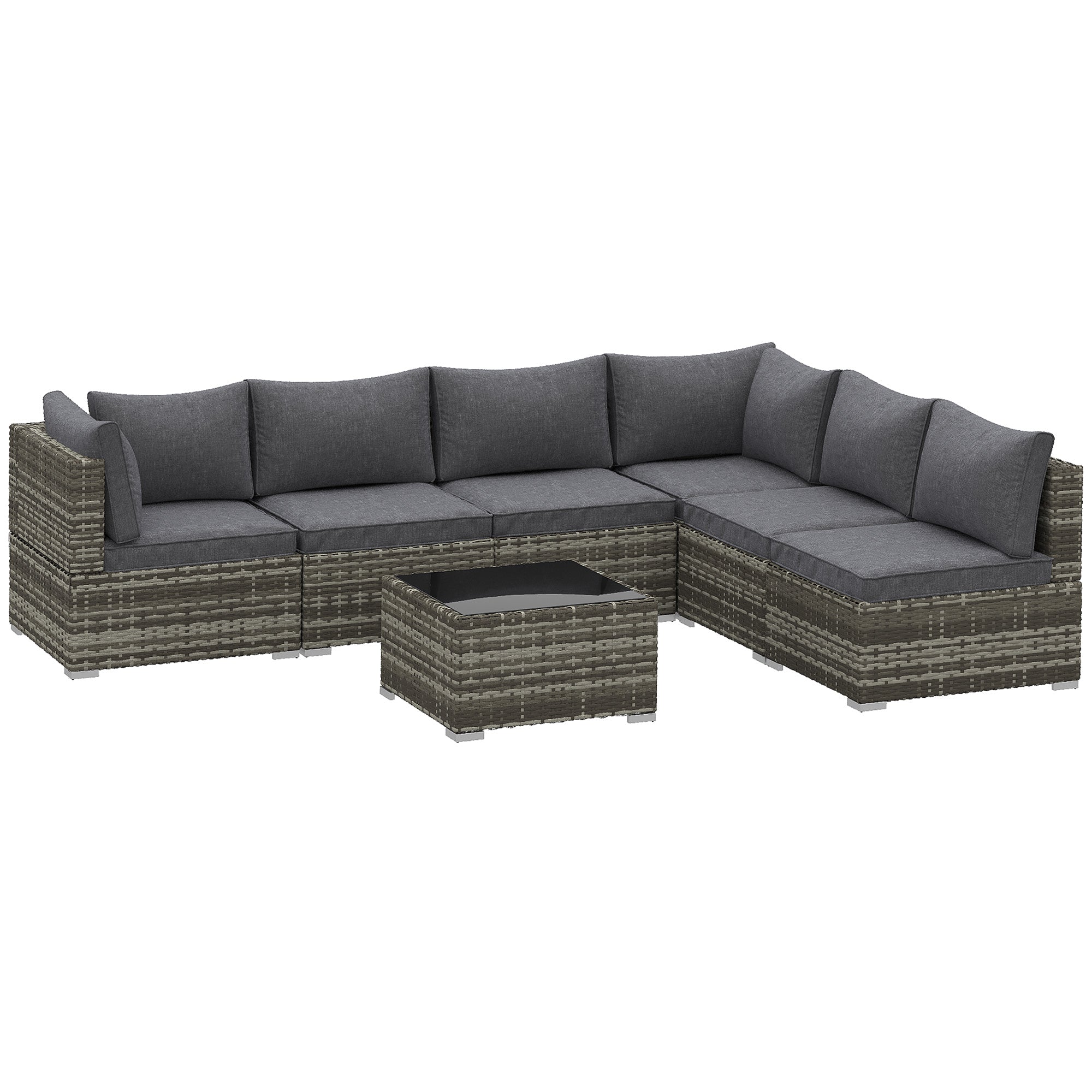 Outsunny 7 Pieces Outdoor PE Rattan Corner Sofa Set, Patio Wicker Conversation Chaise Lounge Furniture w/ Tempered Glass Table-top & Soft Padded Cushion for Garden, Backyard, Lawn, Dark Grey