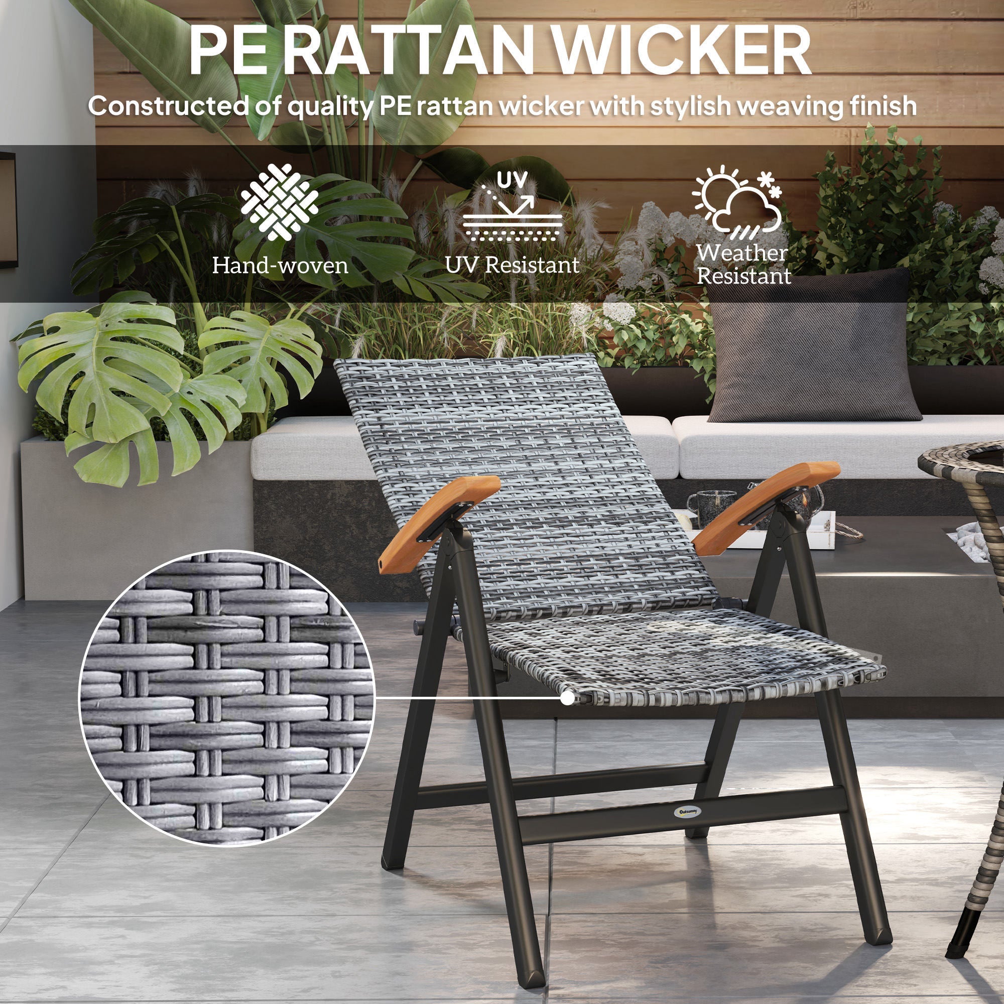 Outsunny 2 Pieces Outdoor Foldable Dining Chair with Armrests, High Backrest, for Garden, Camping, Balcony, Light Grey