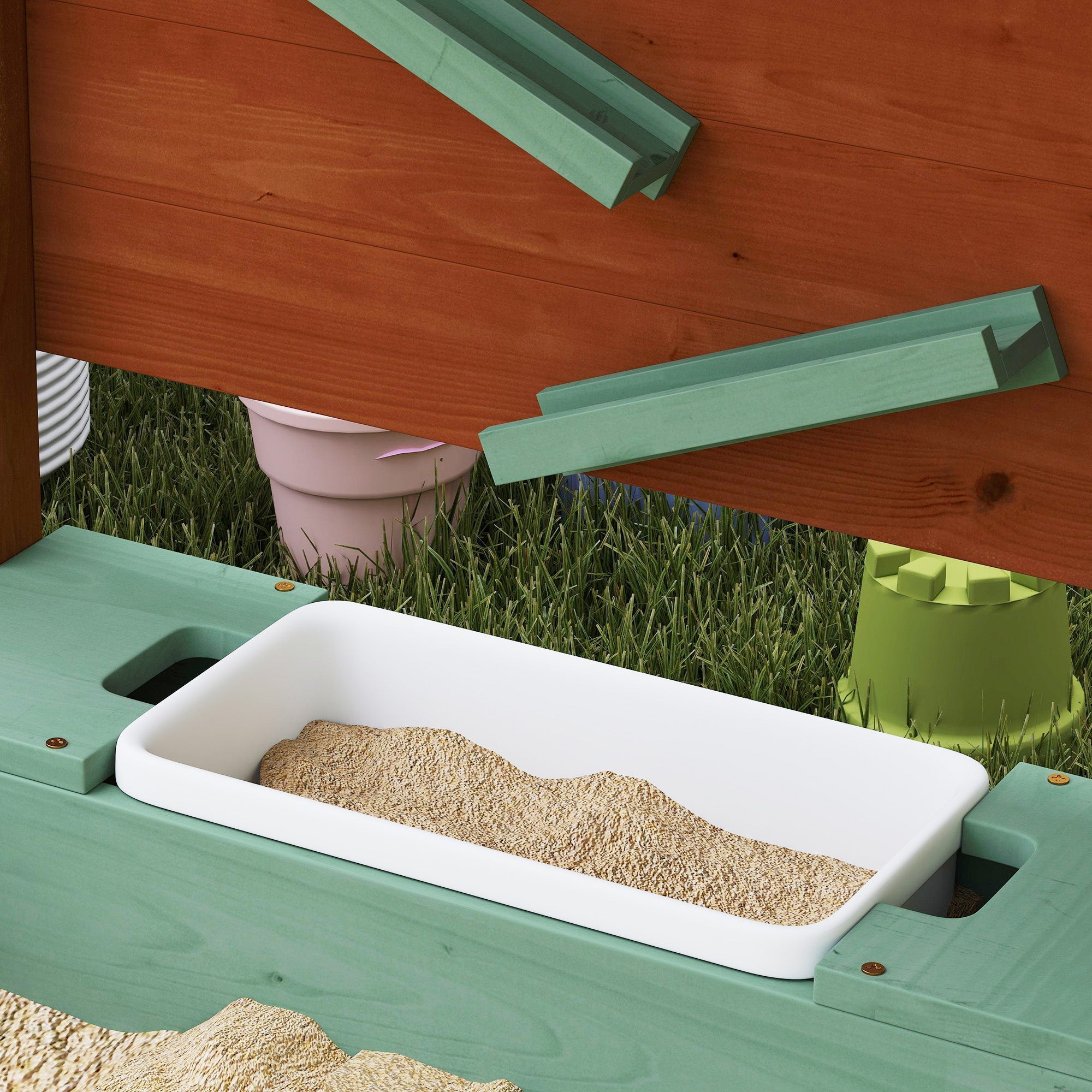 AIYAPLAY Wood Sandpit with Canopy, Storage Bins, Funnel, Liner, Chutes, Bucket with Tap, 116 x 112.5 x 128 cm, Green