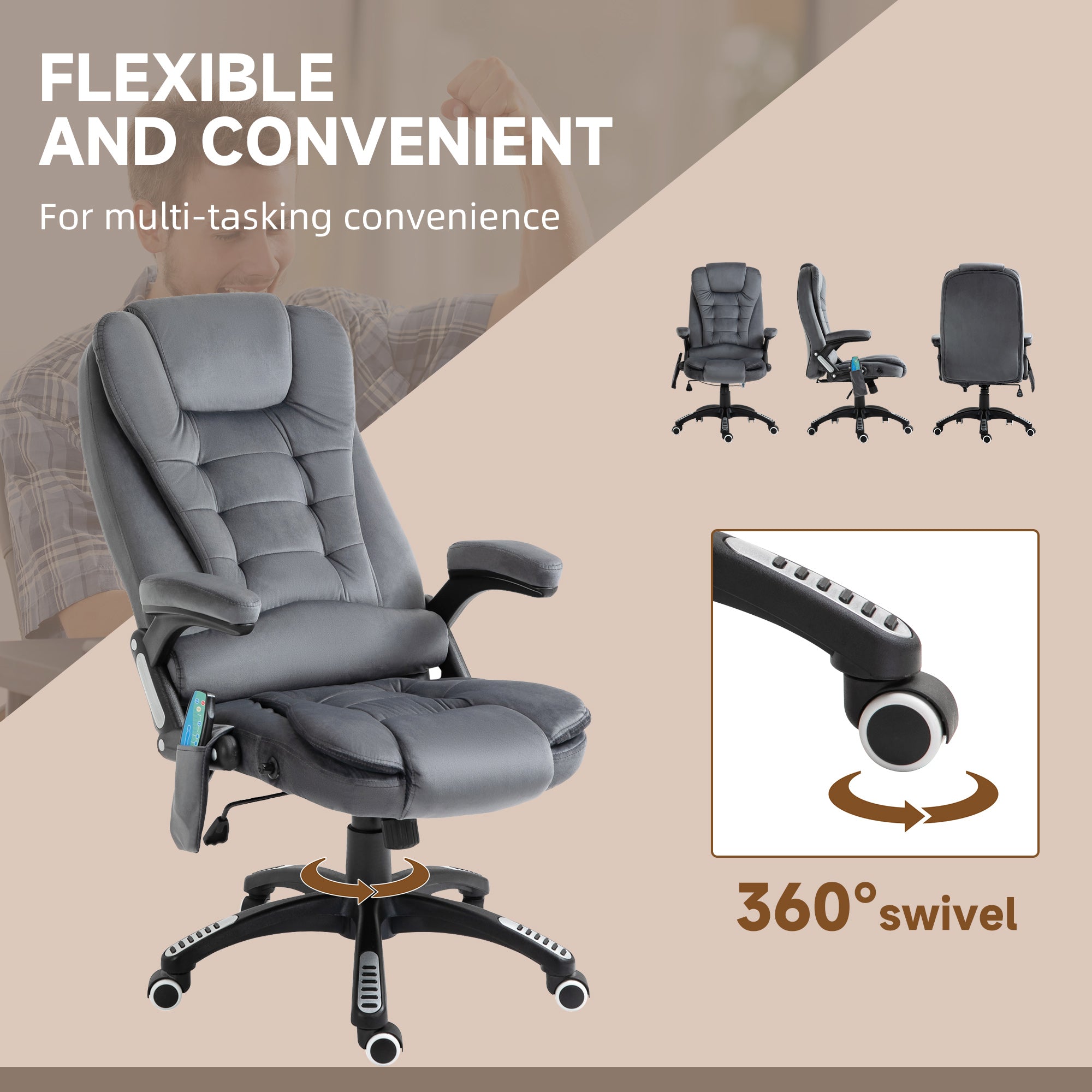 Vinsetto Massage Recliner Chair Heated Office Chair with Six Massage Points Velvet-Feel Fabric 360\'c2\'b0 Swivel Wheels Grey