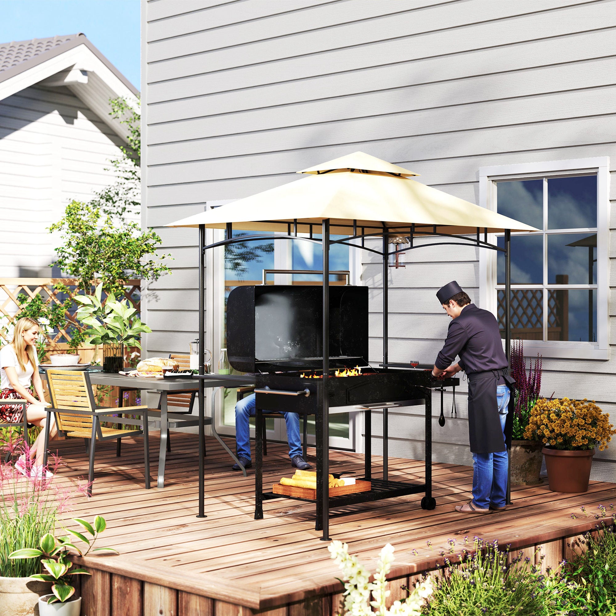 Outsunny 8' x 5' Grill Gazebo, Double Tiered BBQ Gazebo Shelter Canopy with LED Lights, 2 Side Shelves, Hooks, Beige