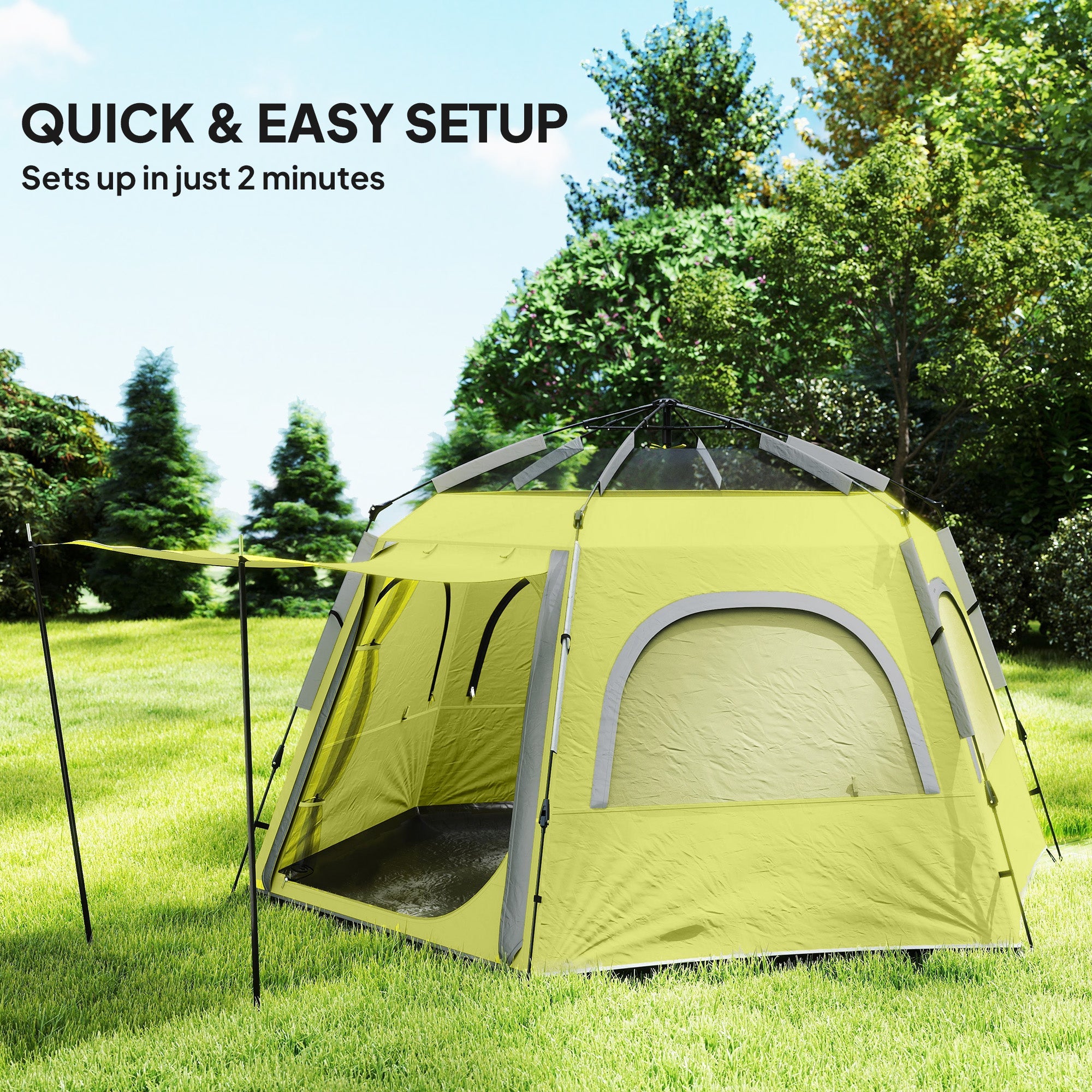 Outsunny Instant Camping Tent, 2/3/4 Person Easy Setup Family Tent with Vestibule, Rainfly, 4 Mesh Windows & 2 Doors, Hexagonal Design, Waterproof UV Protected Dome Tent, Yellow Green