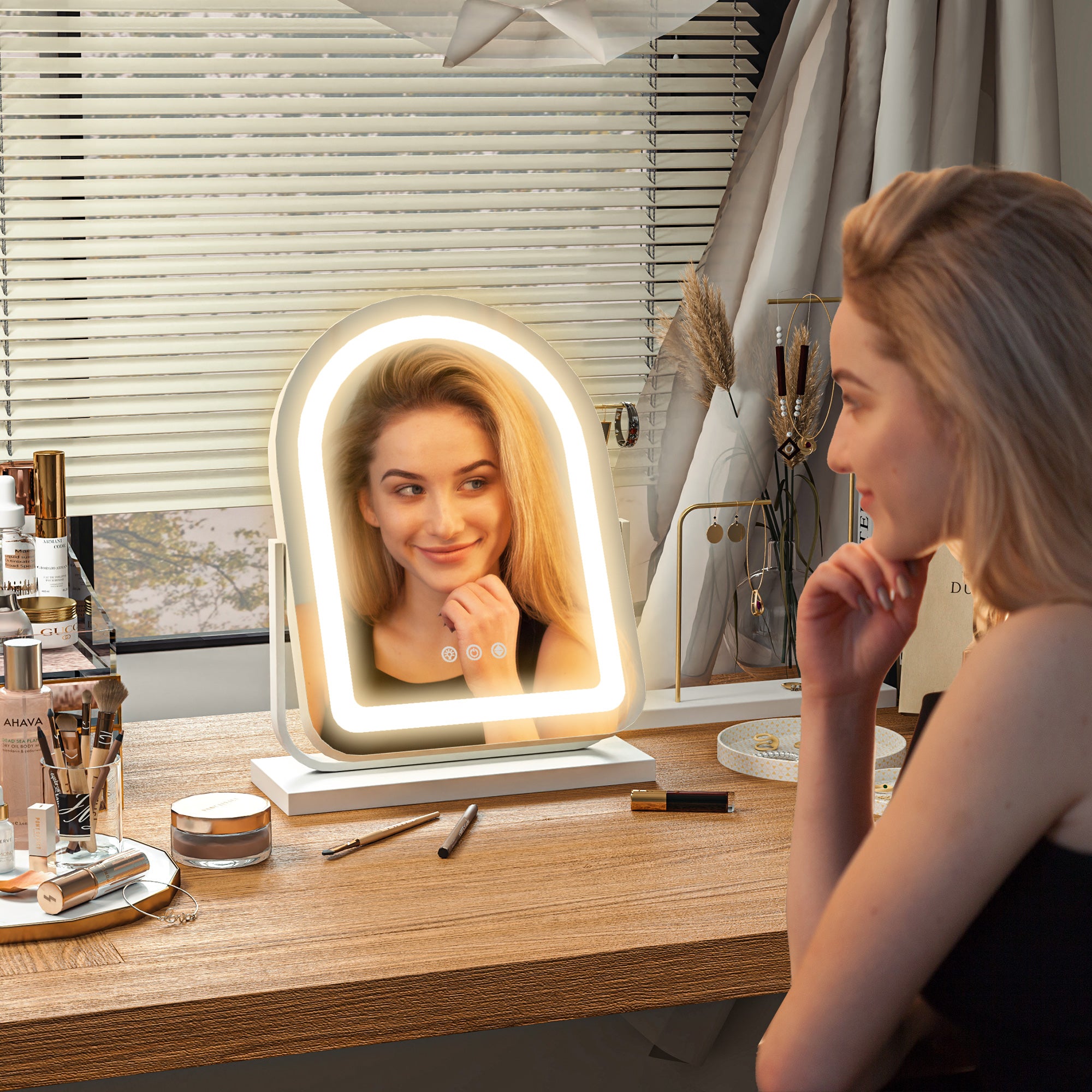 HOMCOM LED Vanity Mirror with Lights, 33 x 44.5cm Lighted Makeup Mirror with 3 Colour, 360\'c2\'b0 Rotation, Touch Screen, for Bedroom and Dressing Room, White