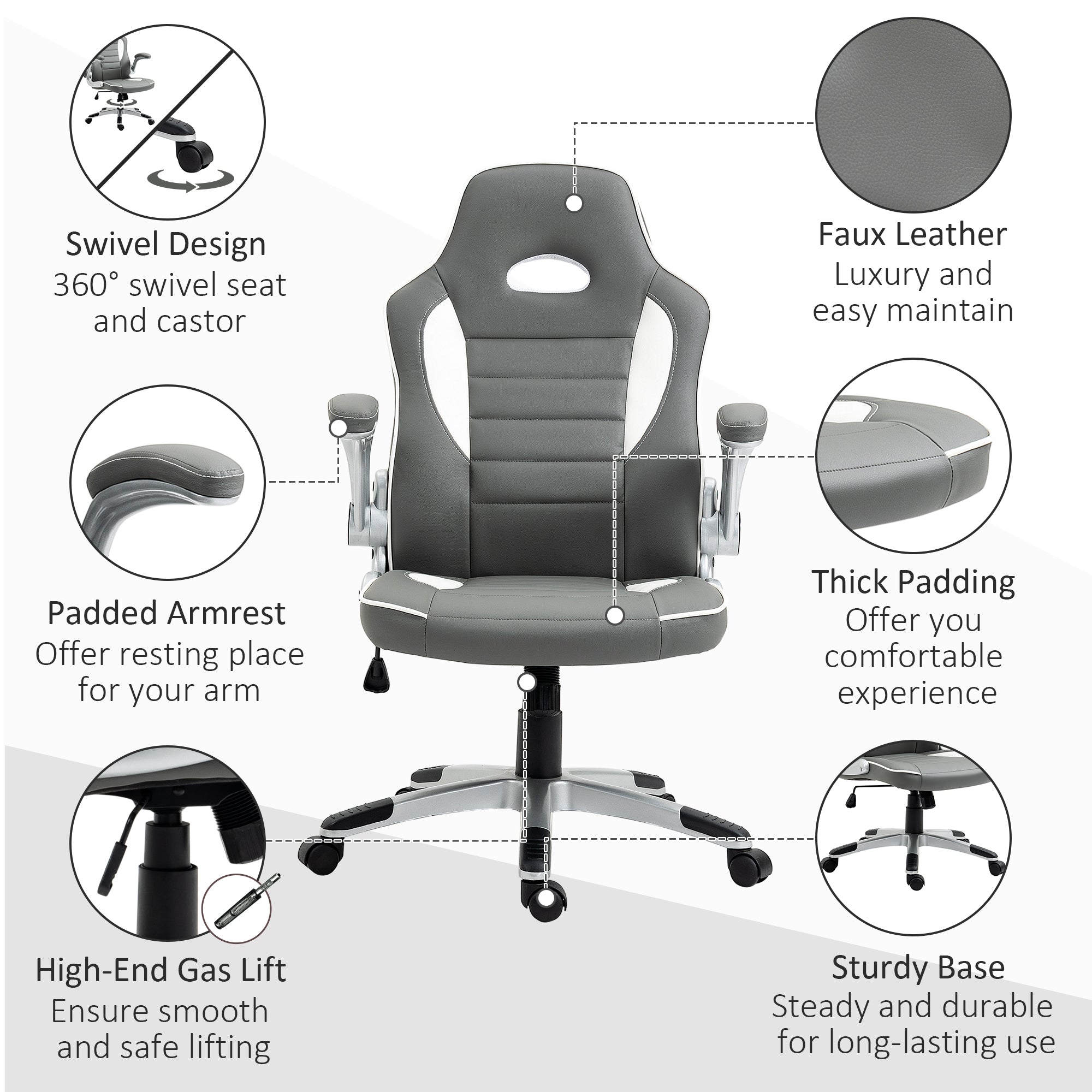 Vinsetto Computer Gaming Chair, Office Desk Swivel Chair, PU Leather Racing Chair with 90\'c2\'b0 Flip-up Armrest, Adjustable Height and Rolling Wheels, Grey