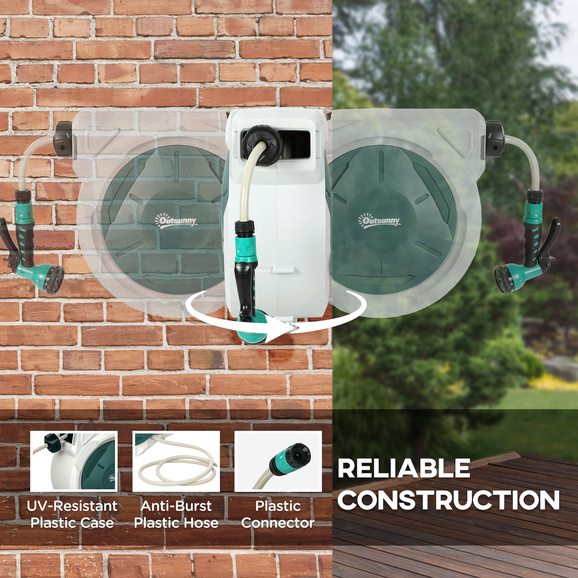 Outsunny Retractable Hose Reel Wall Mounted, 30+2m Garden Hose Pipe Reel with Lock, Auto Rewind, 7 in 1 Spray Nozzle, Includes Wall Fixings, 180\'c2\'b0 Swivel, Outdoor Watering, Grey