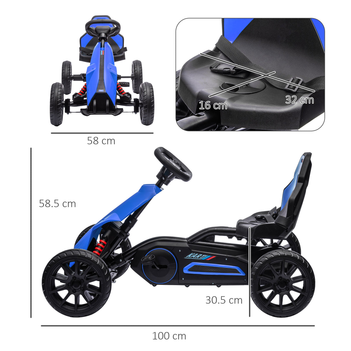 HOMCOM Kids Pedal Go Kart, with Adjustable Seat, EVA Wheels, Seat, Handbrake - Blue