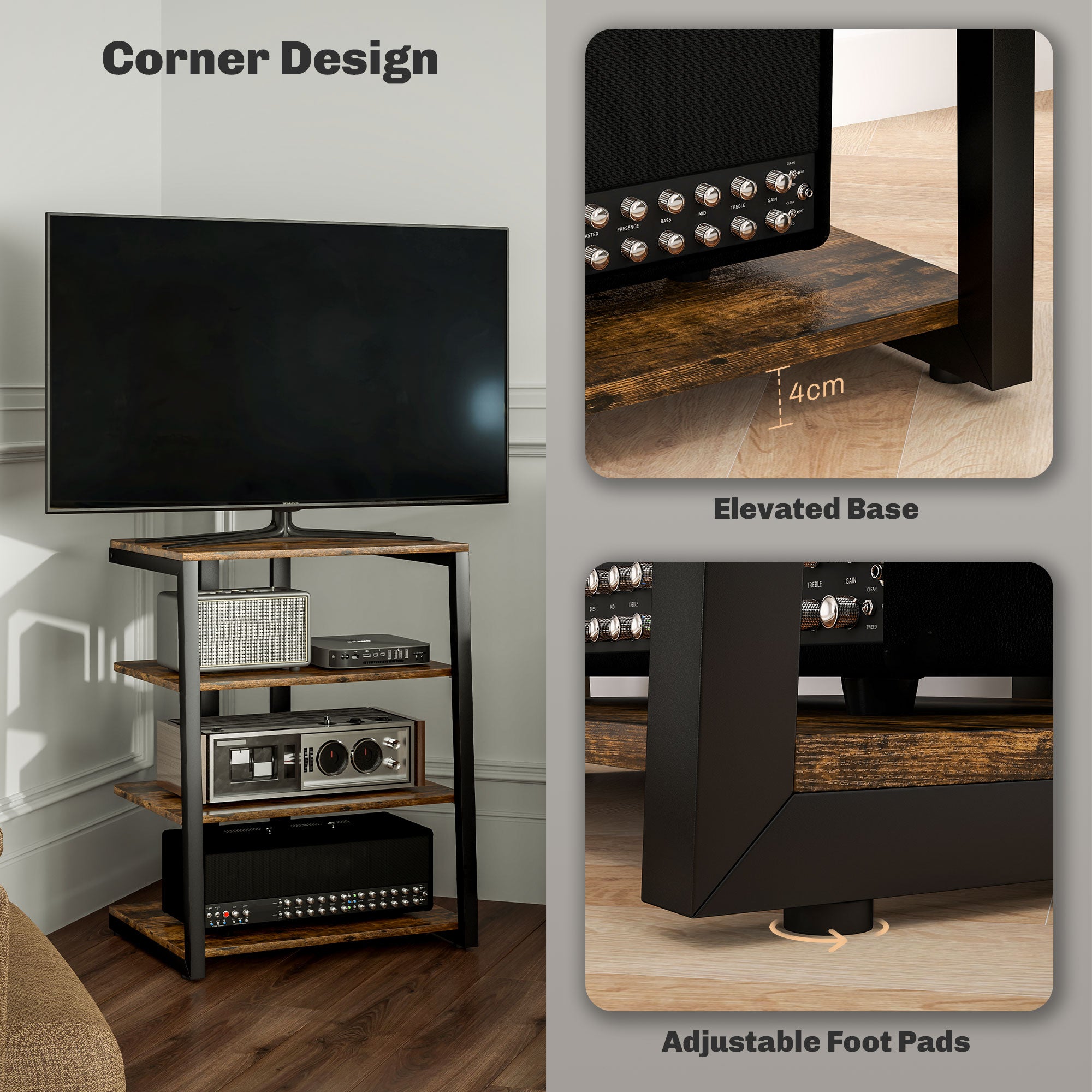 HOMCOM HiFi Stand, with Four Storage Shelves - Rustic Brown