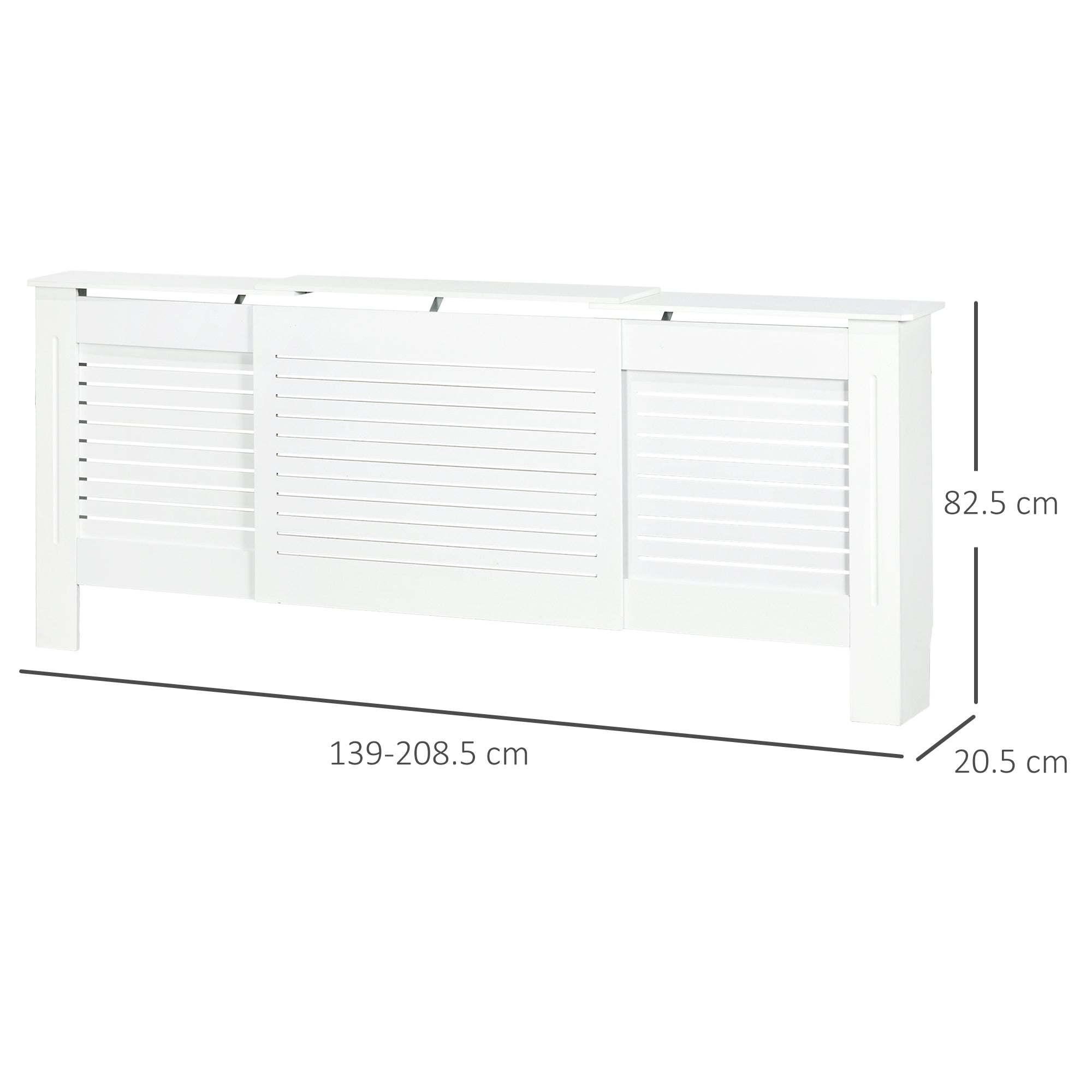 HOMCOM Set of 2 MDF Extendable Radiator Cover with Cabinet Shelving, Home Office Slatted Design, White 139-208.5L x 20.5W x 82.5H cm