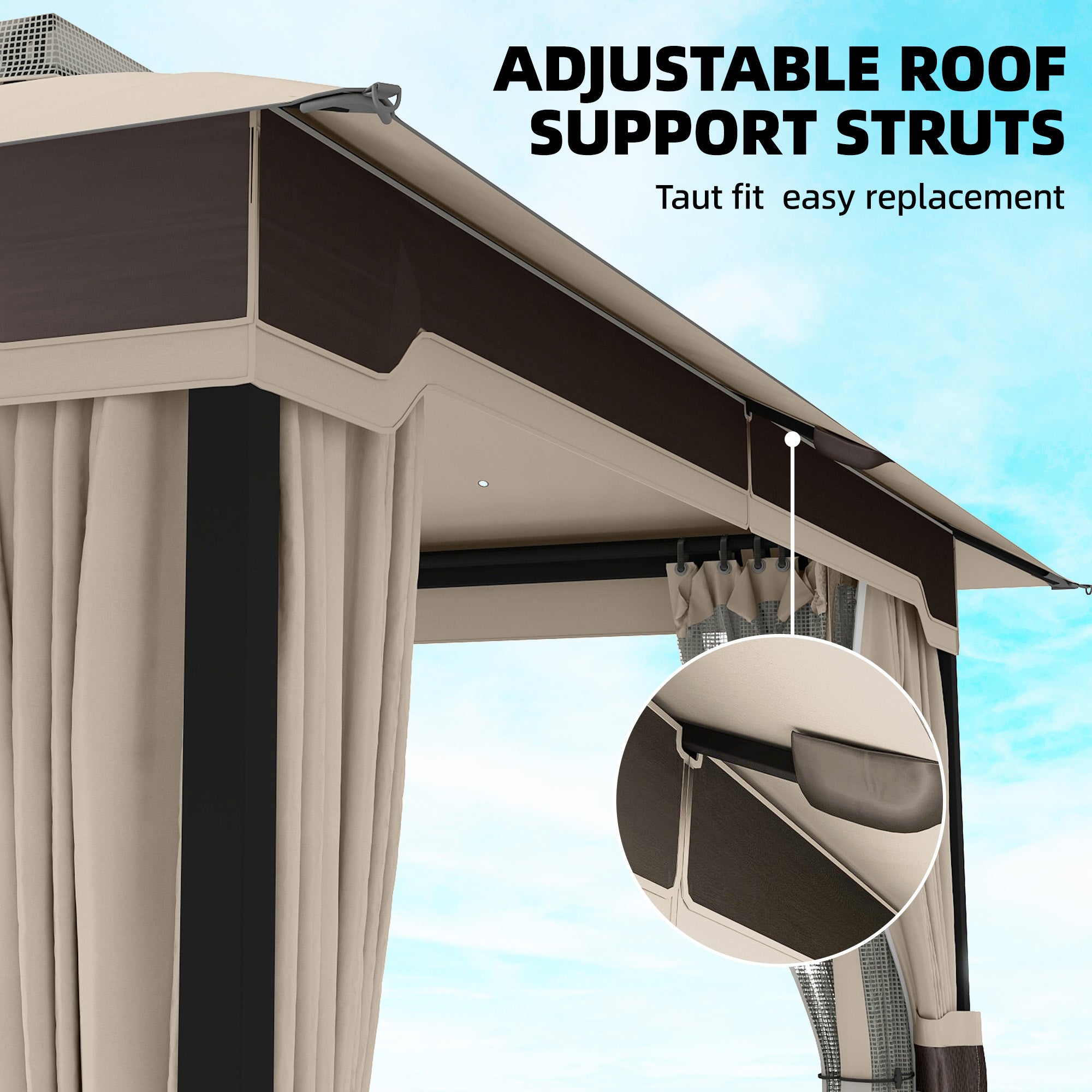 Outsunny 3 x 3.6 m Outdoor Garden Gazebo with Netting and Curtains, Double Roof Patio Gazebo Permanent Pavilion, Khaki