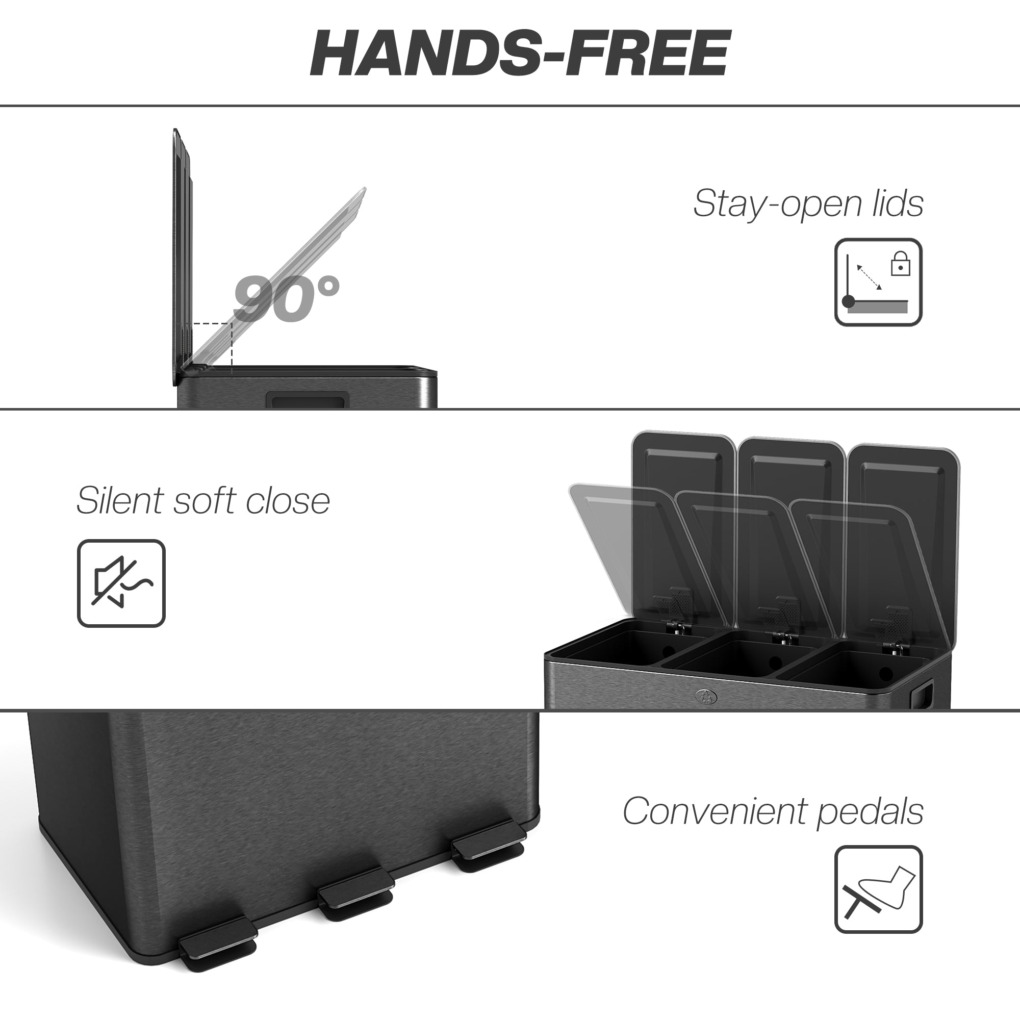 HOMCOM 3 x 20L Pedal Bin, Steel Triple Kitchen Bin with Soft Close Lid, Removable Inner Buckets, Fingerprint-Proof, Black