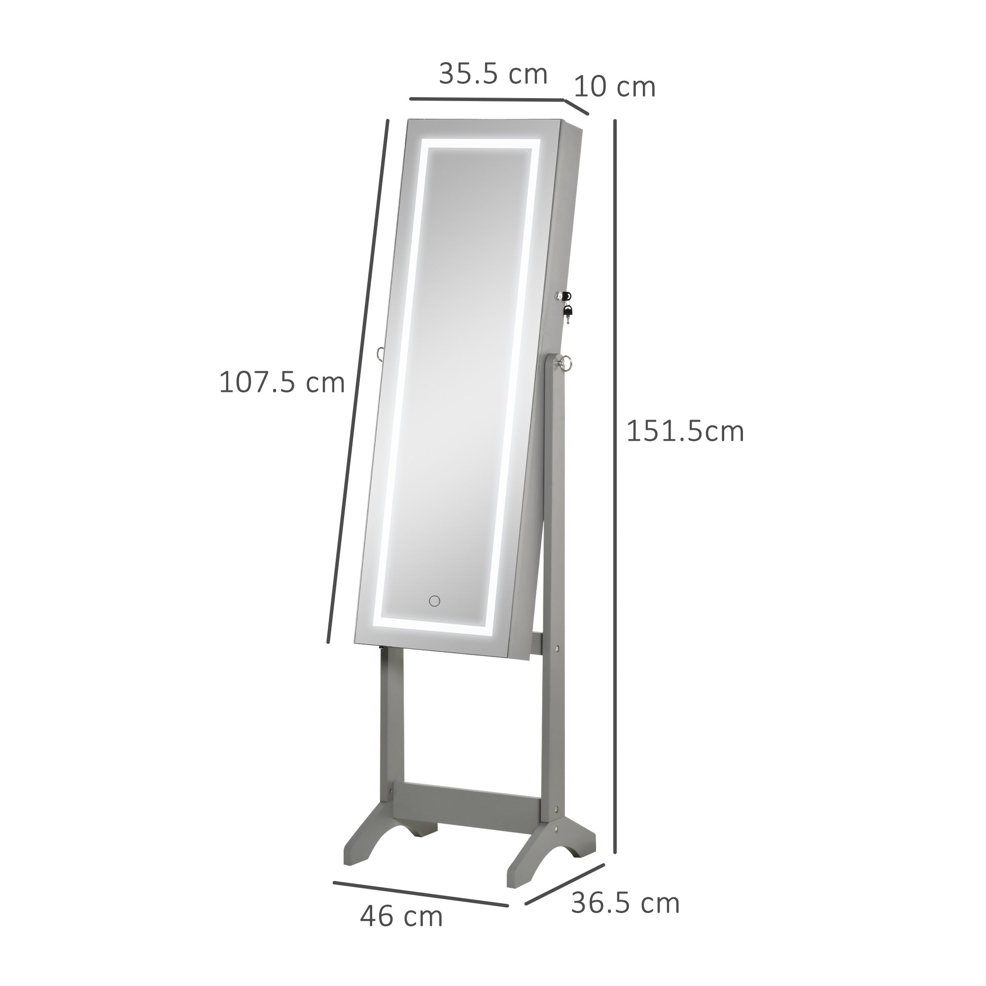 HOMCOM Jewellery Cabinet with LED Light, Lockable Jewellery Organiser with Full-Length Mirror for Bedroom Dressing Room, Grey