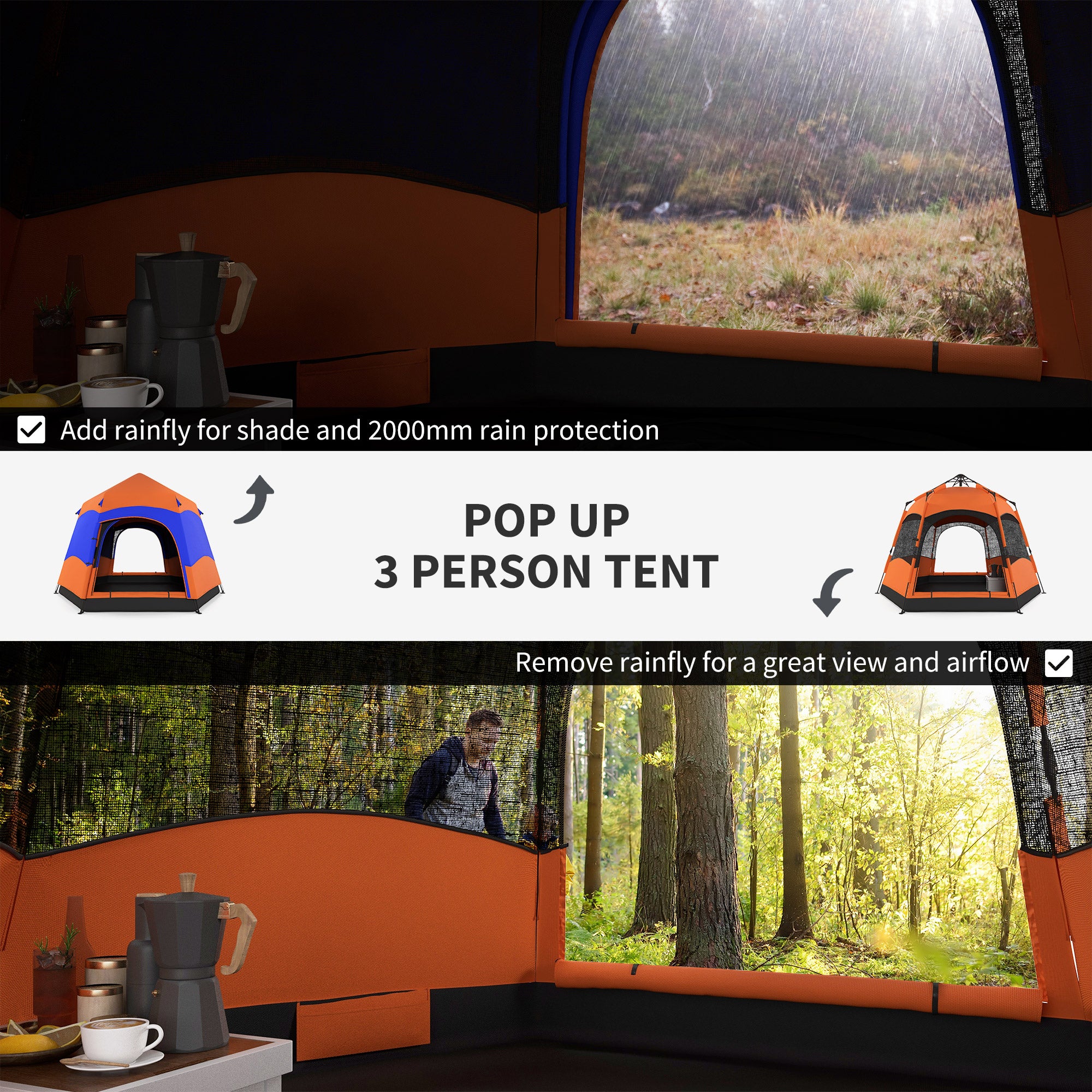 Outsunny Six Man Hexagon Camping Tent with Hang Hook and Carry Bag - Orange and Blue