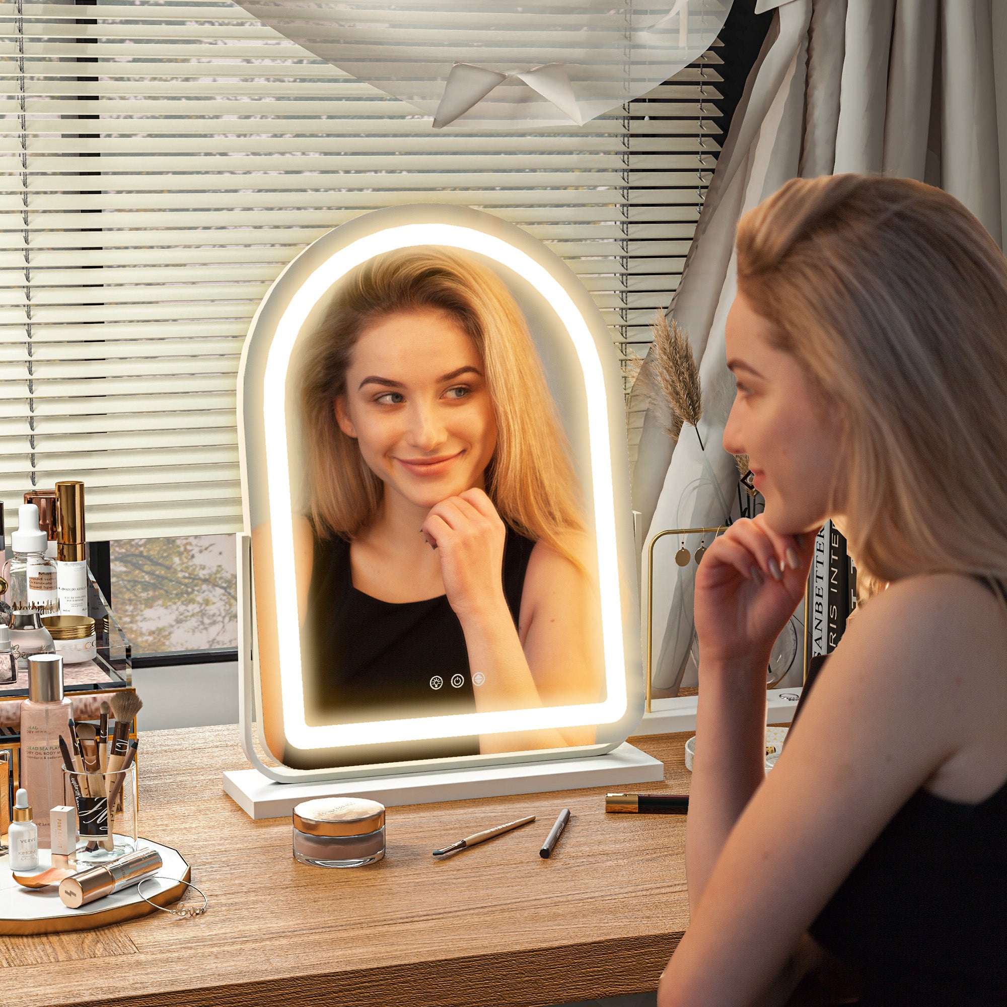 HOMCOM LED Vanity Mirror with Lights, 43 x 59cm Lighted Makeup Mirror with 3 Colour, 360\'c2\'b0 Rotation, Touch Screen, for Bedroom and Dressing Room, White