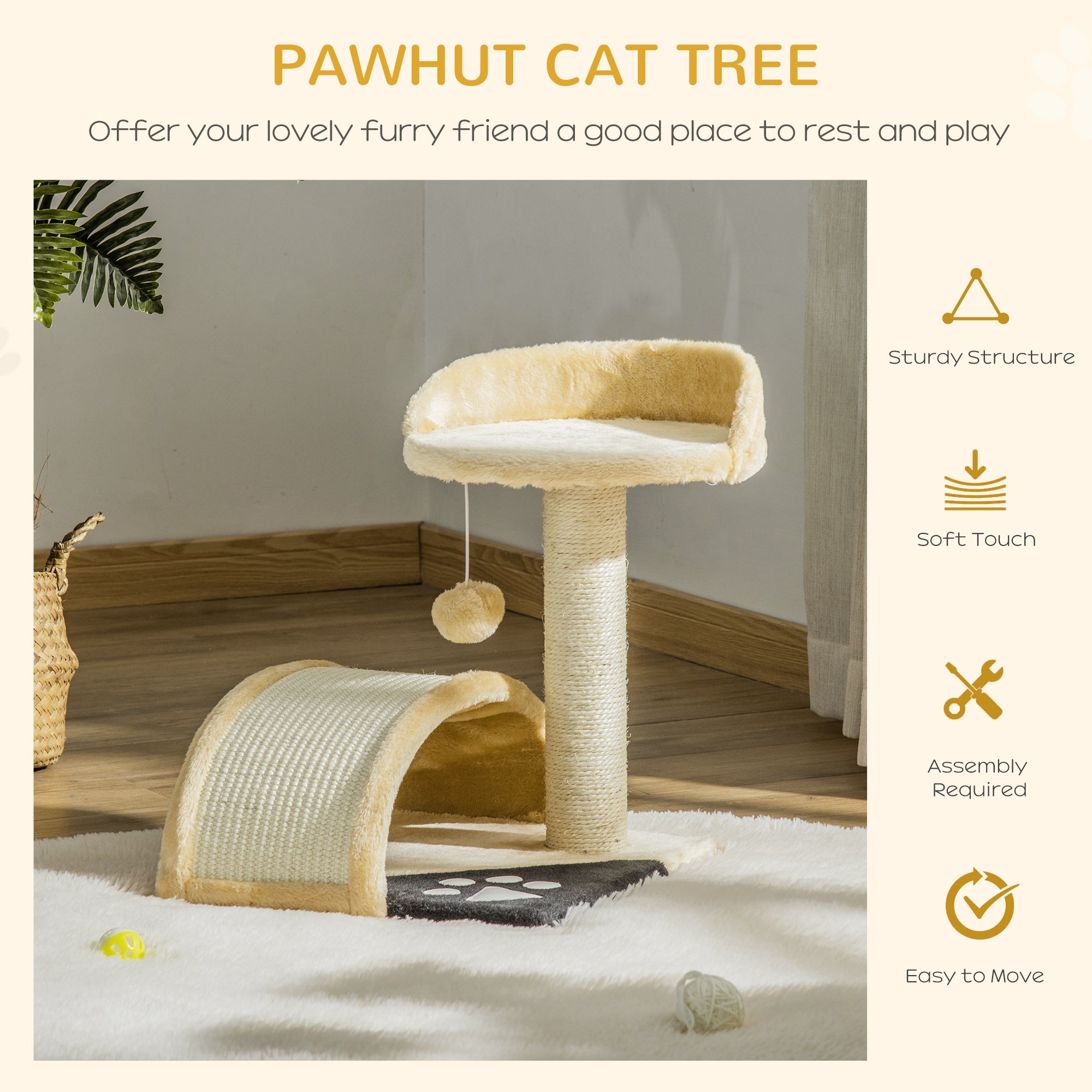 PawHut Cat Tree Scratching Scratcher Post Kitten Activity Centre Climber Hanging Ball Beige
