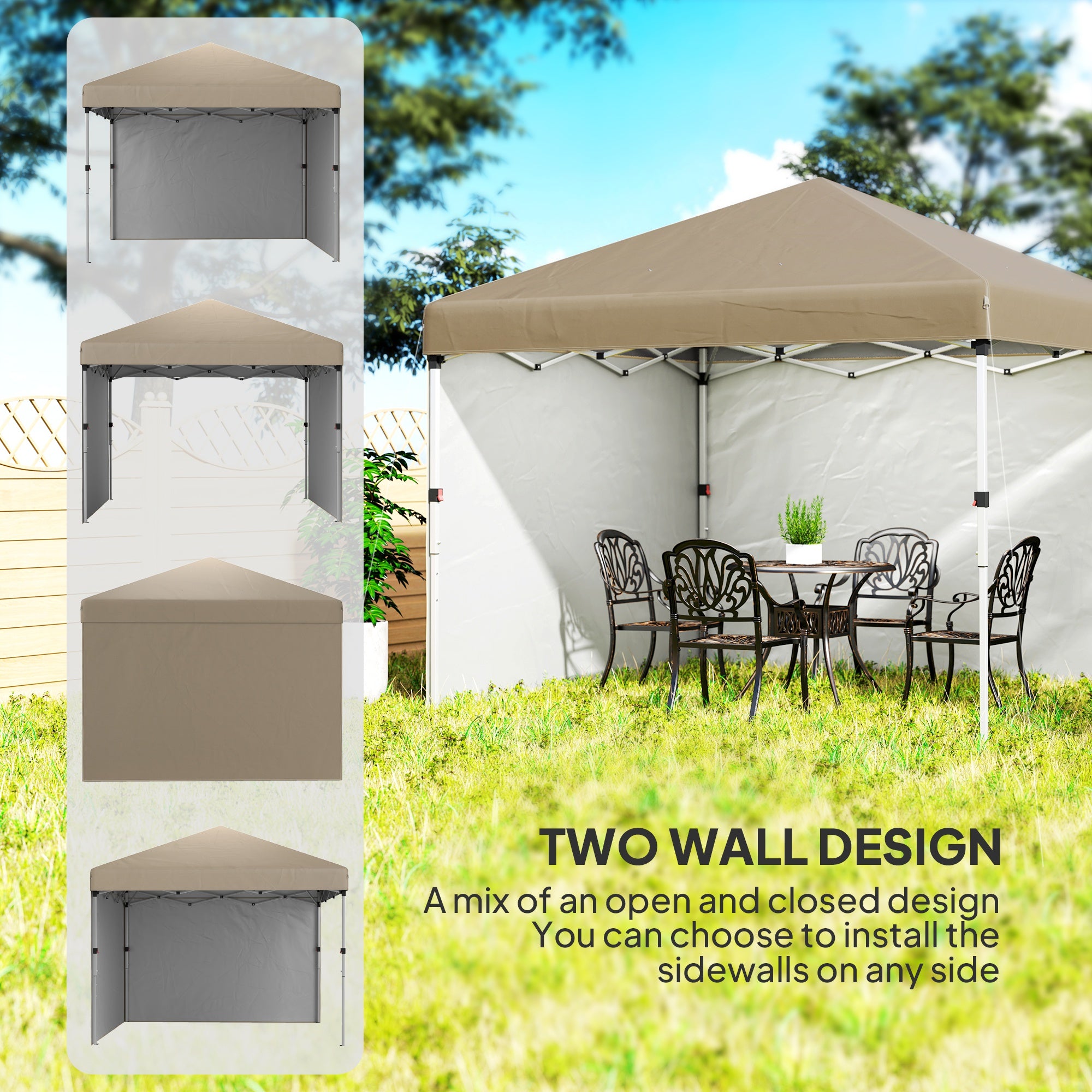 Outsunny 3 x 3 (M) Pop Up Gazebo, UPF 30+ with 2 Sidewalls, Leg Weight Bags and Wheeled Bag, Height Adjustable Party Tent Event Shelter for Garden, Patio, Khaki