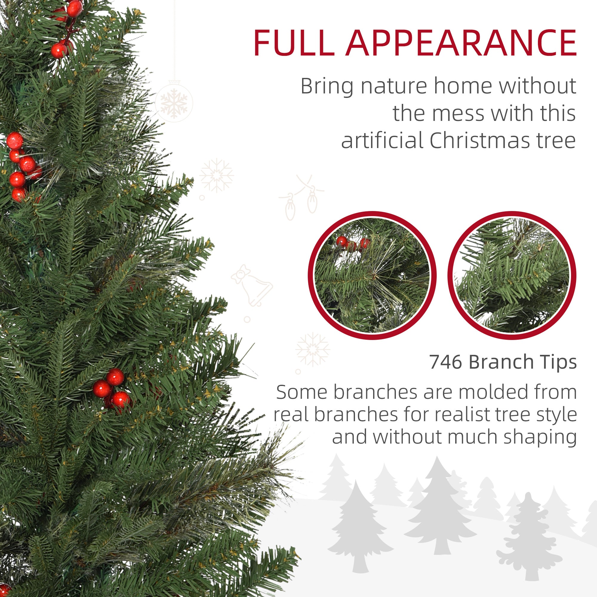 HOMCOM 7ft Pencil Artificial Christmas Tree with Realistic Branches, Red Berries, Auto Open, Green