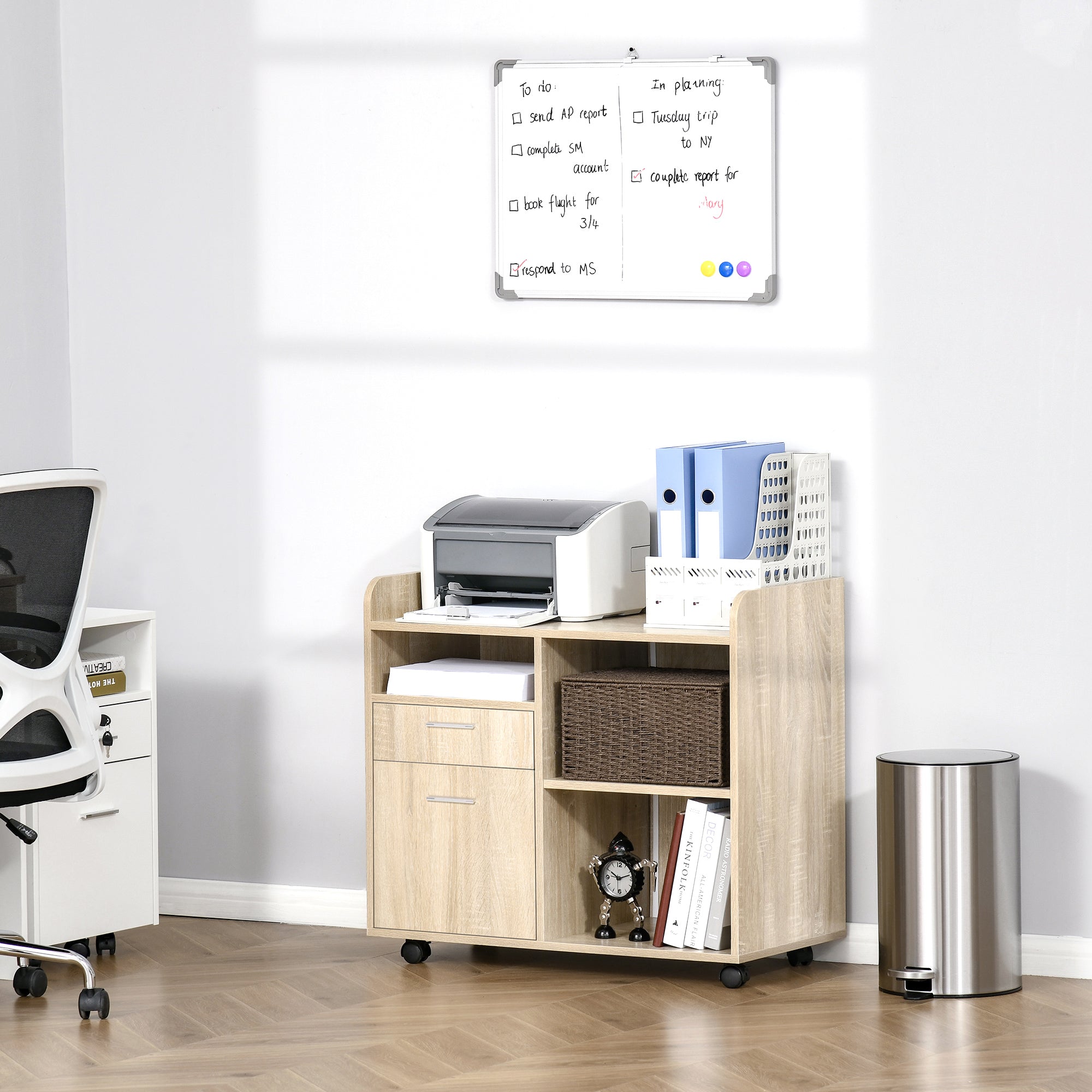 Vinsetto Multipurpose Filing Cabinet, Printer Stand with 2 Drawers, Open Adjustable Storage Shelves for Home Office, Living Room, File Cabinet with Hanging Bar for A4, Letter Size, Oak