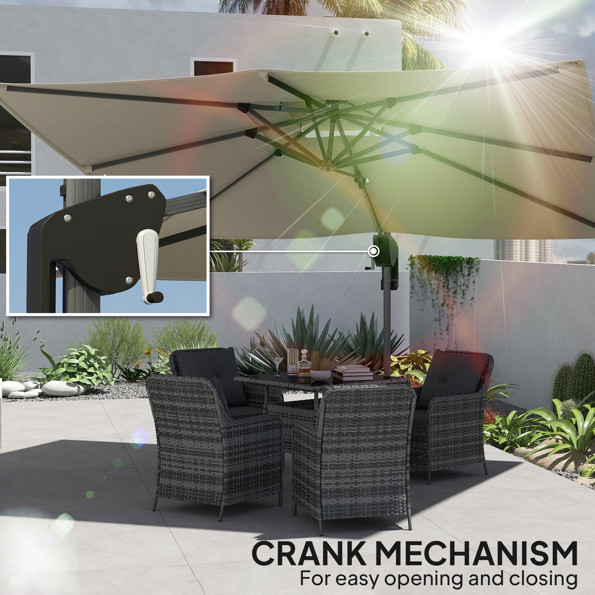 Outsunny 3.7 x 2.7 m Cantilever Parasol w/ 360° Rotation and Easy Tilt Adjustment, Aluminium Hanging Offset Outdoor Umbrella w/ Double Top and Cross Base, UPF50+ Hanging Sun Shade, Grey Wood Effect