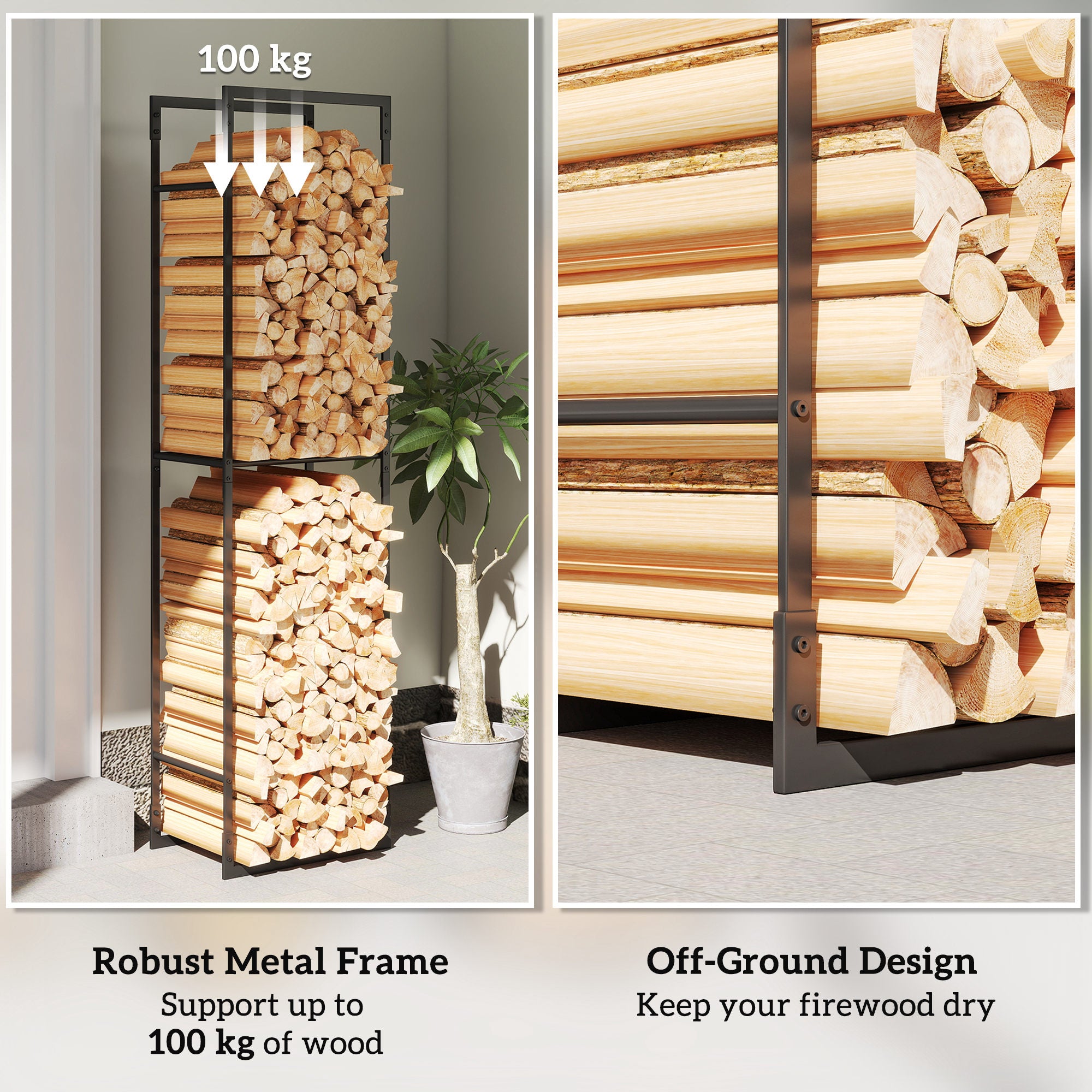 Outsunny Metal Firewood Log Holder, Heavy Duty Firewood Rack with Adjustable Shelf, Indoor Outdoor Fireplace Wood Storage Shelf, 45 x 31 x 170 cm, Black