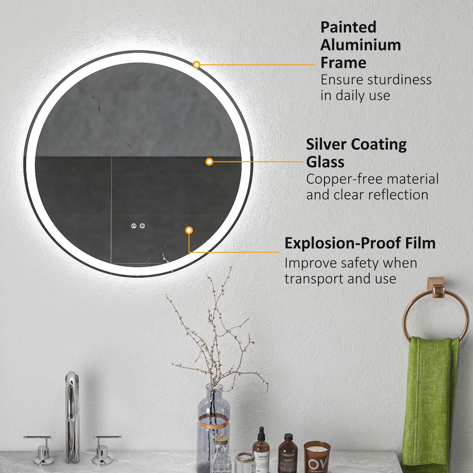 kleankin Round Bathroom Mirror with LED Lights, Wall Mount Dimmable Makeup Mirror with 3 Temperature Colours, Defogging Film and Memory Function, Frameless, Hardwired, 60 x 60\'c2\'a0cm