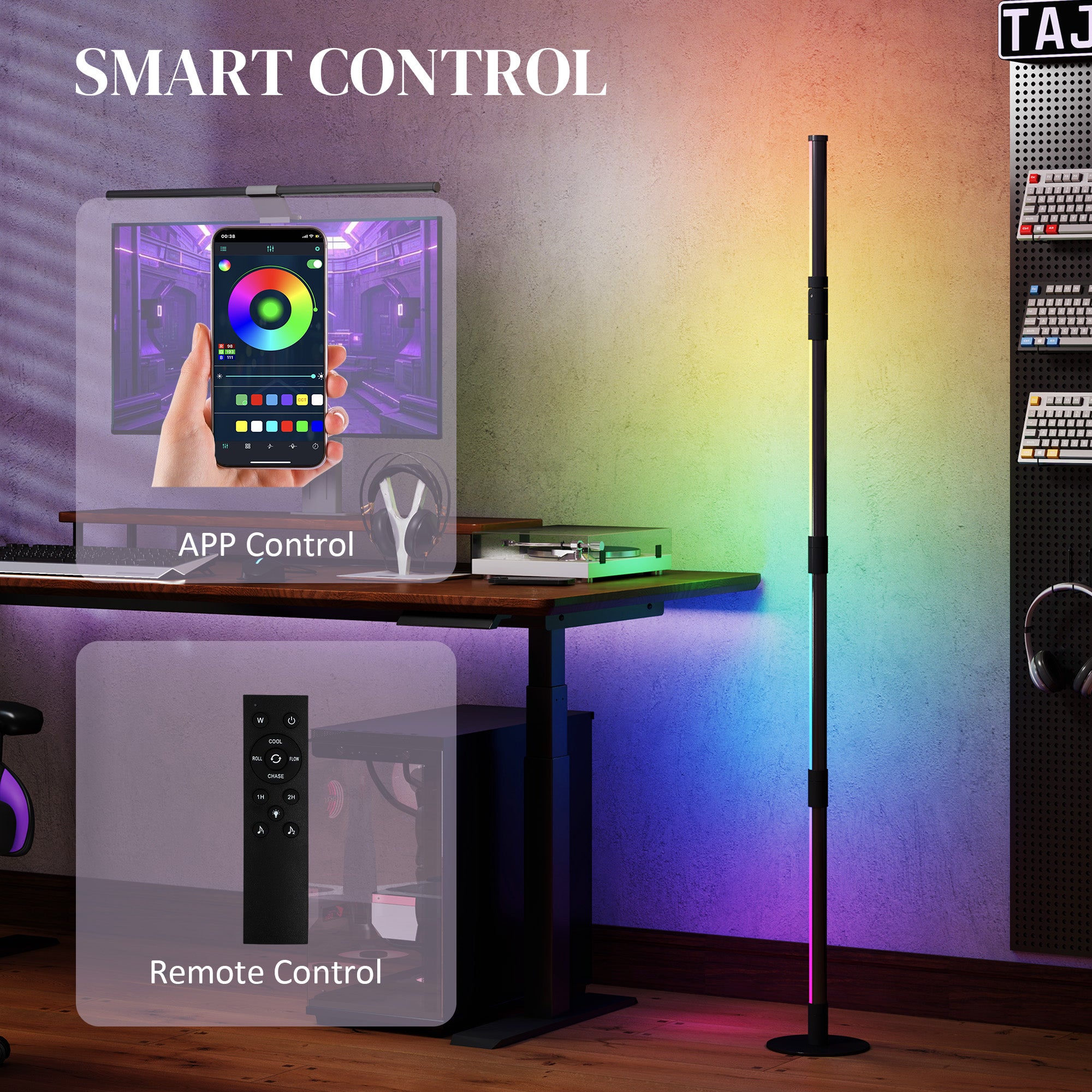 HOMCOM LED Floor Lamp, 360\'c2\'b0 RGB Detachable Corner Floor Lamp with App & Remote Control, Colour Changing Standing Lamp with Music Sync & Timing, for Living Room, Game Room, Dark Grey