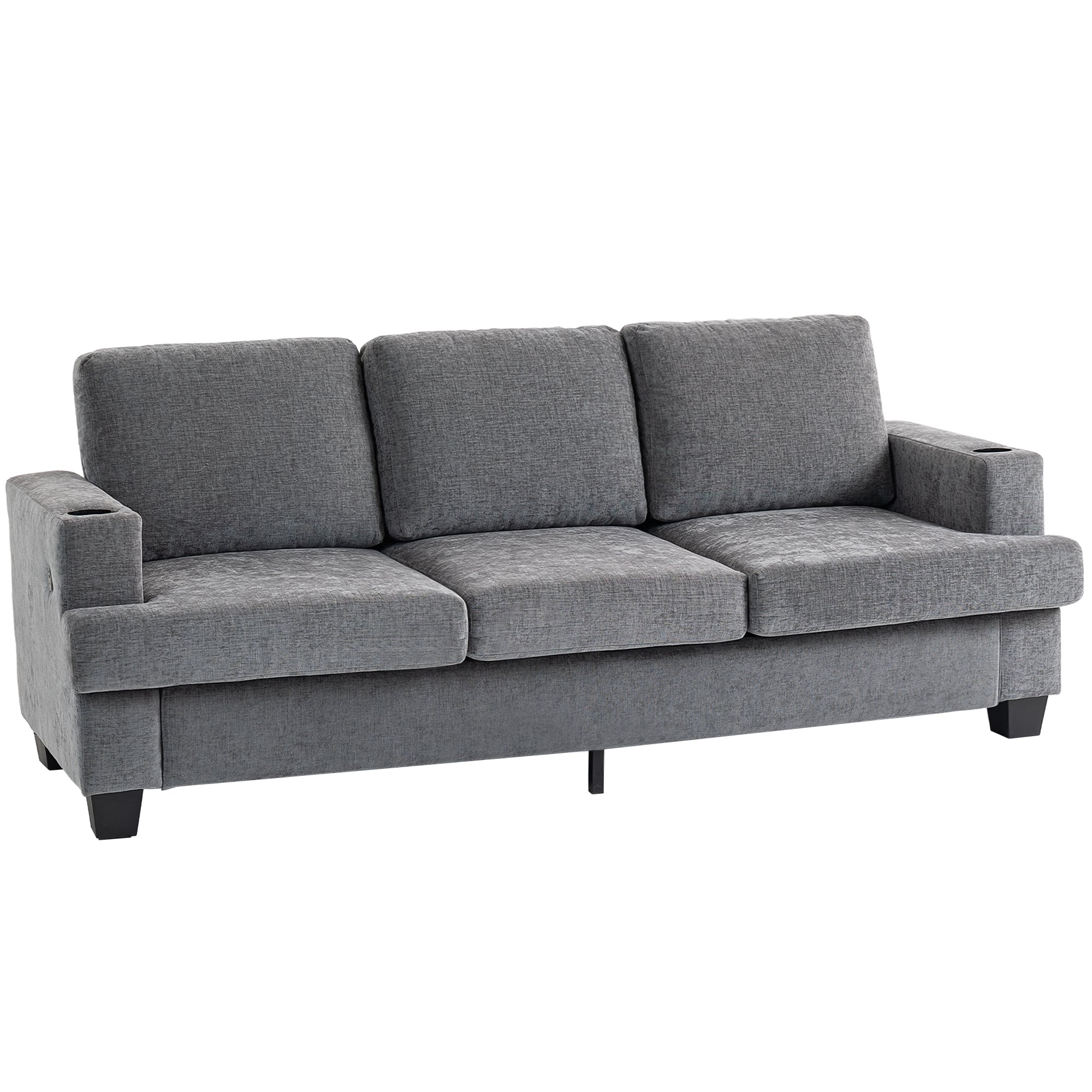 HOMCOM 3 Seater Sofa with USB Ports & Cup Holders - Grey