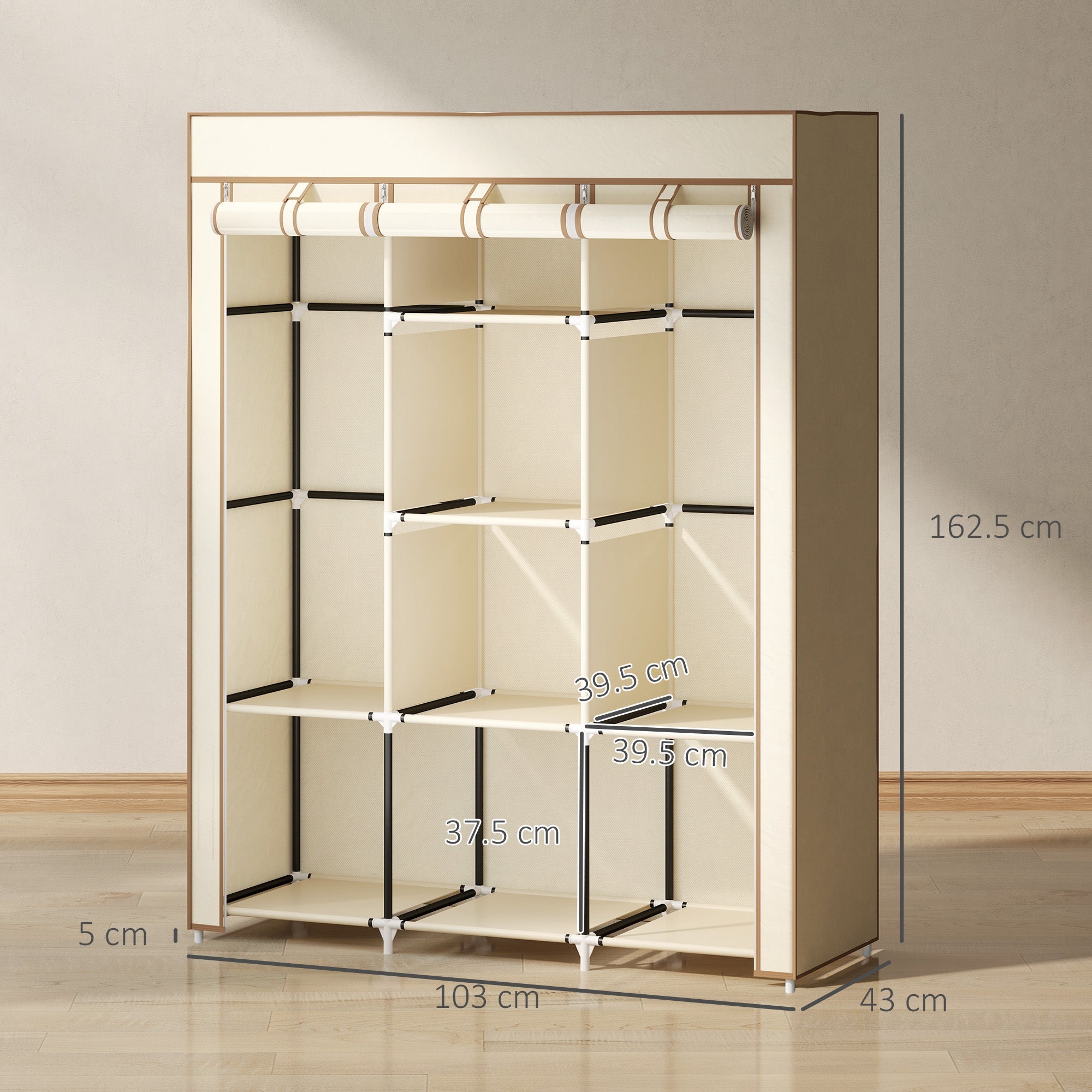 HOMCOM Fabric Wardrobe, Portable Wardrobe, Clothes Storage Unit with 8 Shelves, 2 Hanging Rods, 125 x 43 x 162.5 cm, Cream White