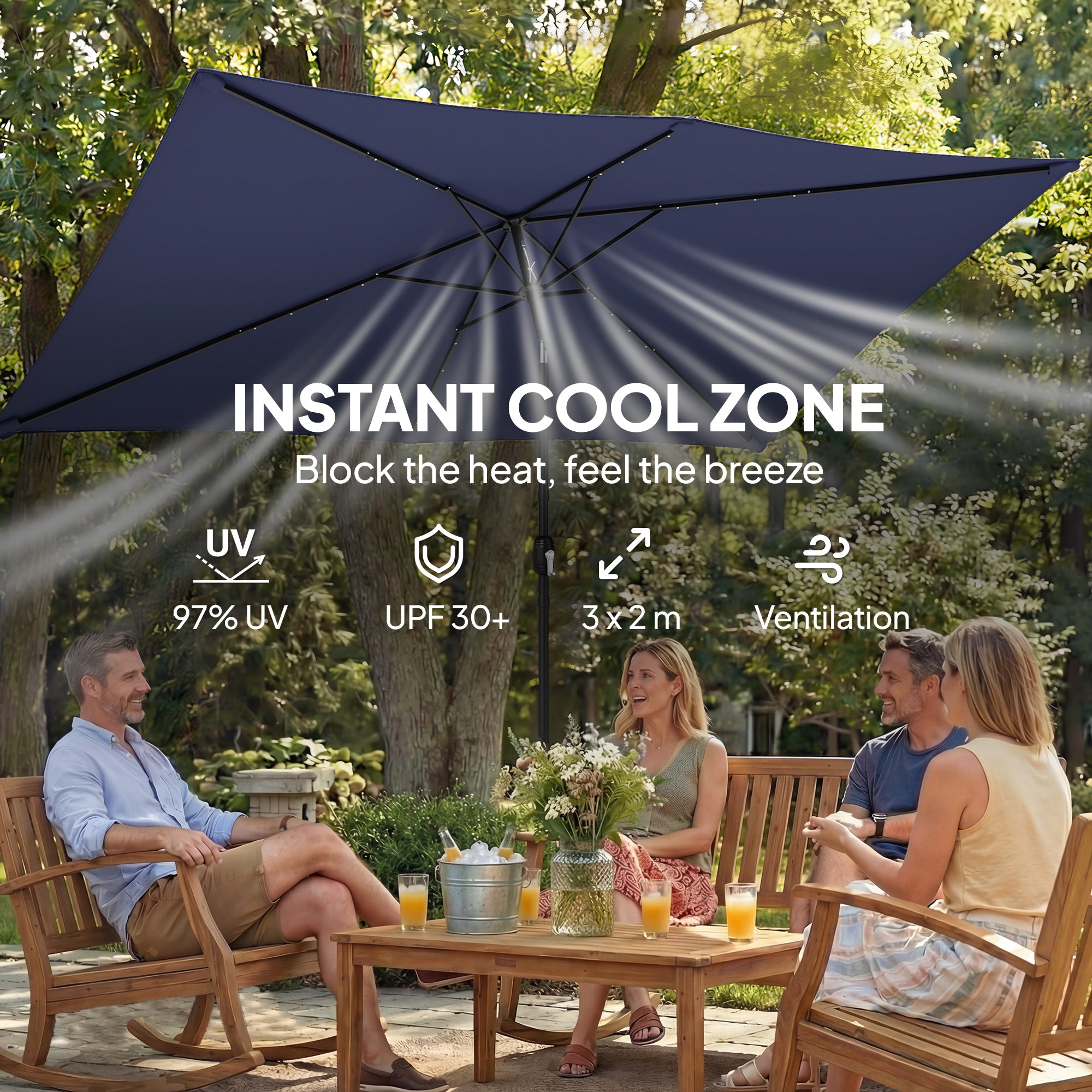 Outsunny 3 x 2 m Garden Parasol Umbrella with LED Solar Light, Parasol Cover, Outdoor Market Patio Umbrella, Navy Blue