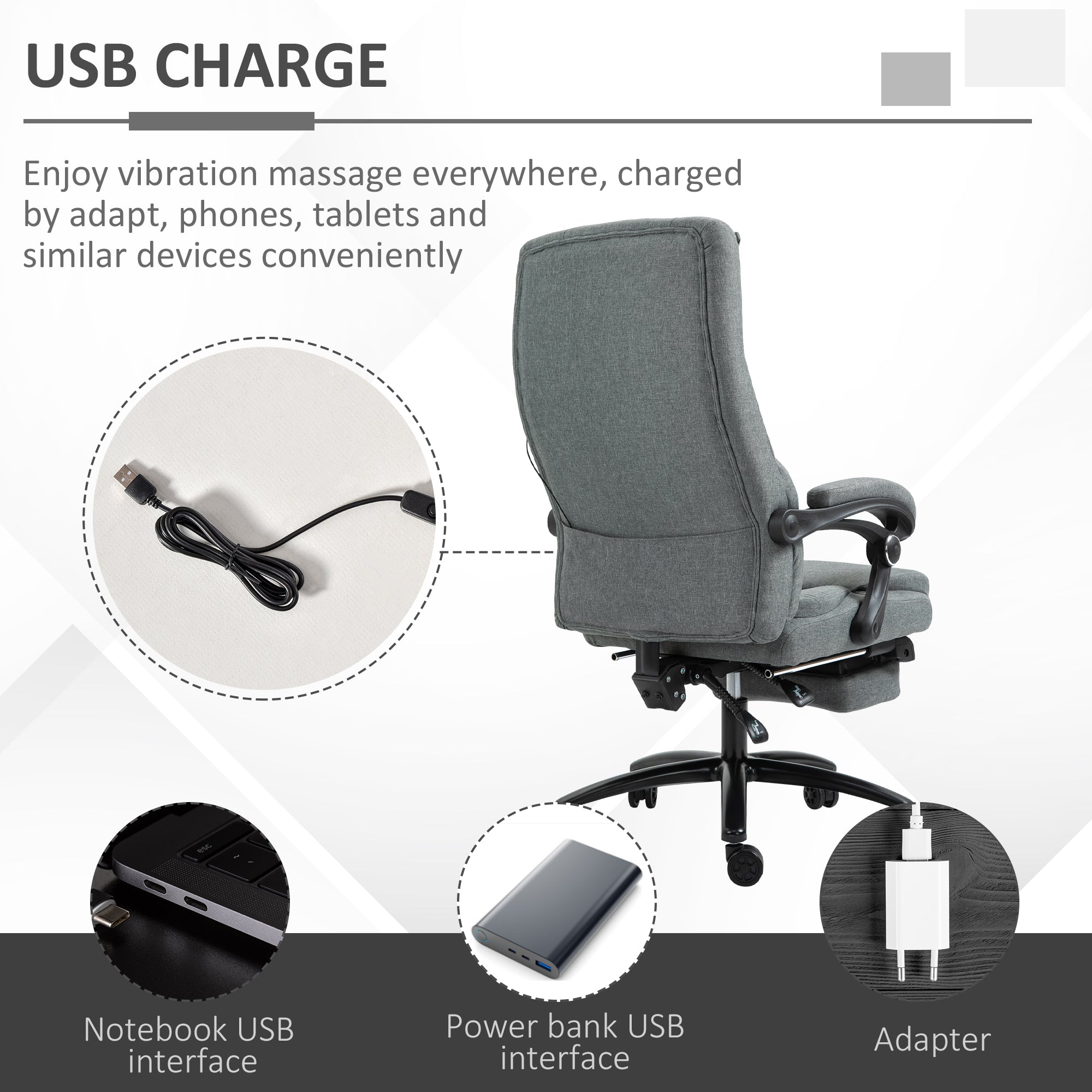 Vinsetto Office Chair, Fabric Desk Chair with Adjustable Massage Pillow, USB Power and Retractable Footrest, High Back, 360\'c2\'b0 Swivel, for Home, Grey