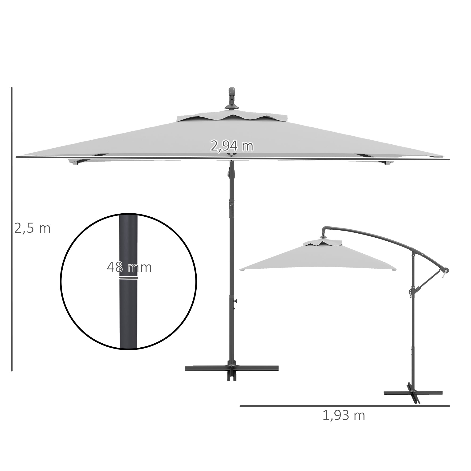 Outsunny 3(m) Cantilever Overhanging Parasol, with Cross Base - Light Grey