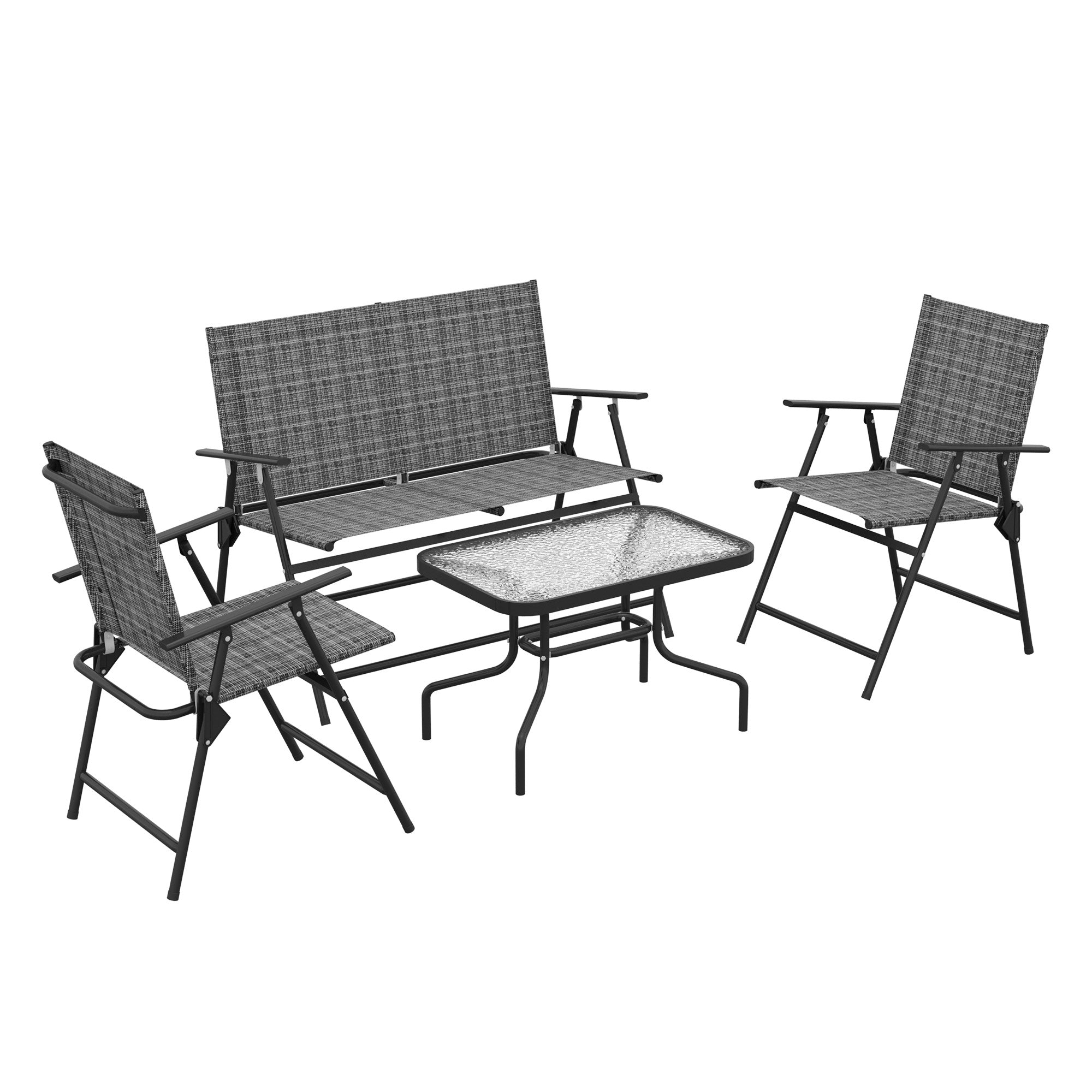 Outsunny Outdoor\'c2\'a04 Pieces Patio Furniture Set with Breathable Mesh Fabric\'c2\'a0Seat & Backrest,\'c2\'a0Garden Set with Two Foldable Armchairs, a Loveseat &\'c2\'a0Glass\'c2\'a0Top\'c2\'a0Table, Mixed Grey