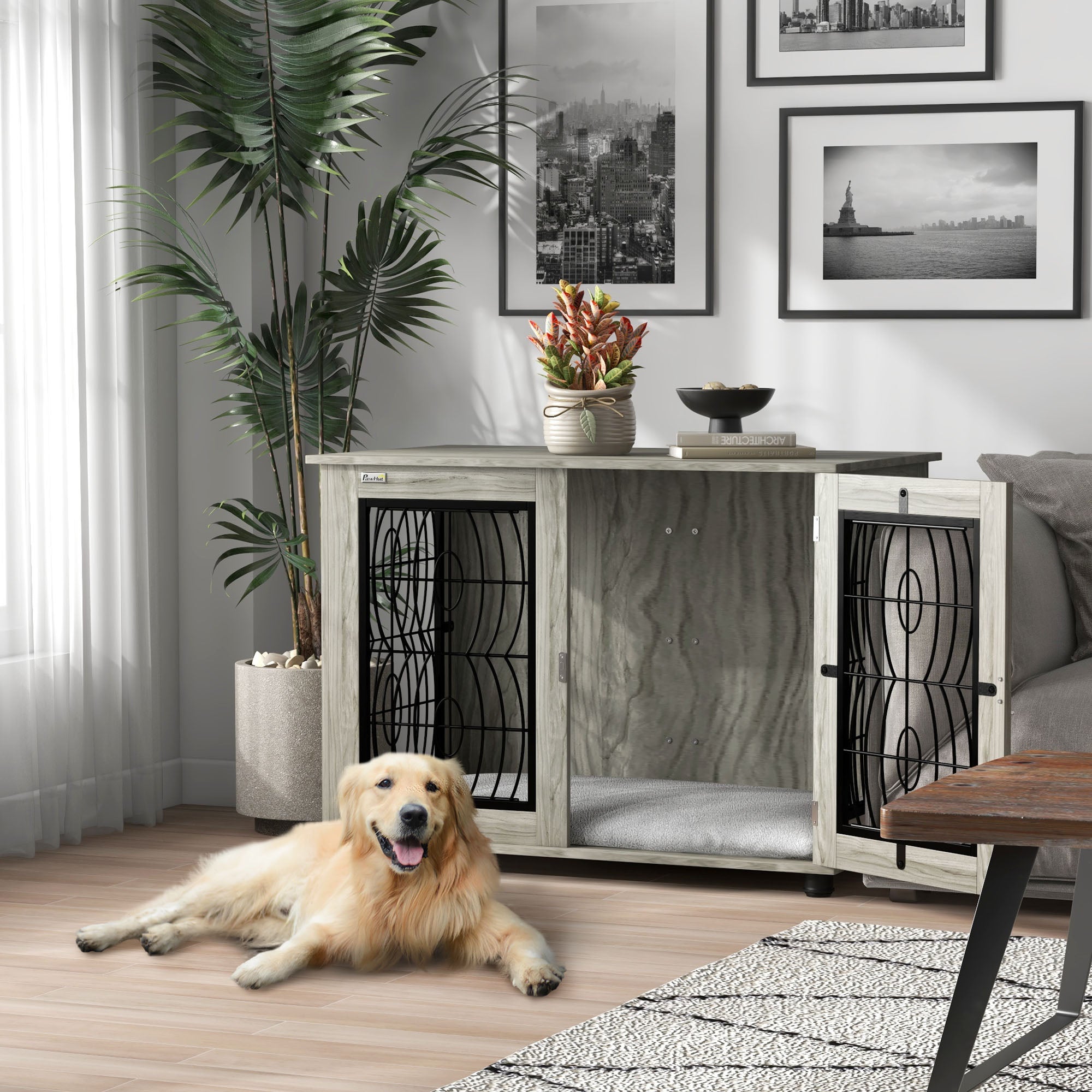 PawHut Indoor Dog Crate Furniture End Table with Soft Washable Cushion, Lockable Front Door, for Large Dogs - Grey