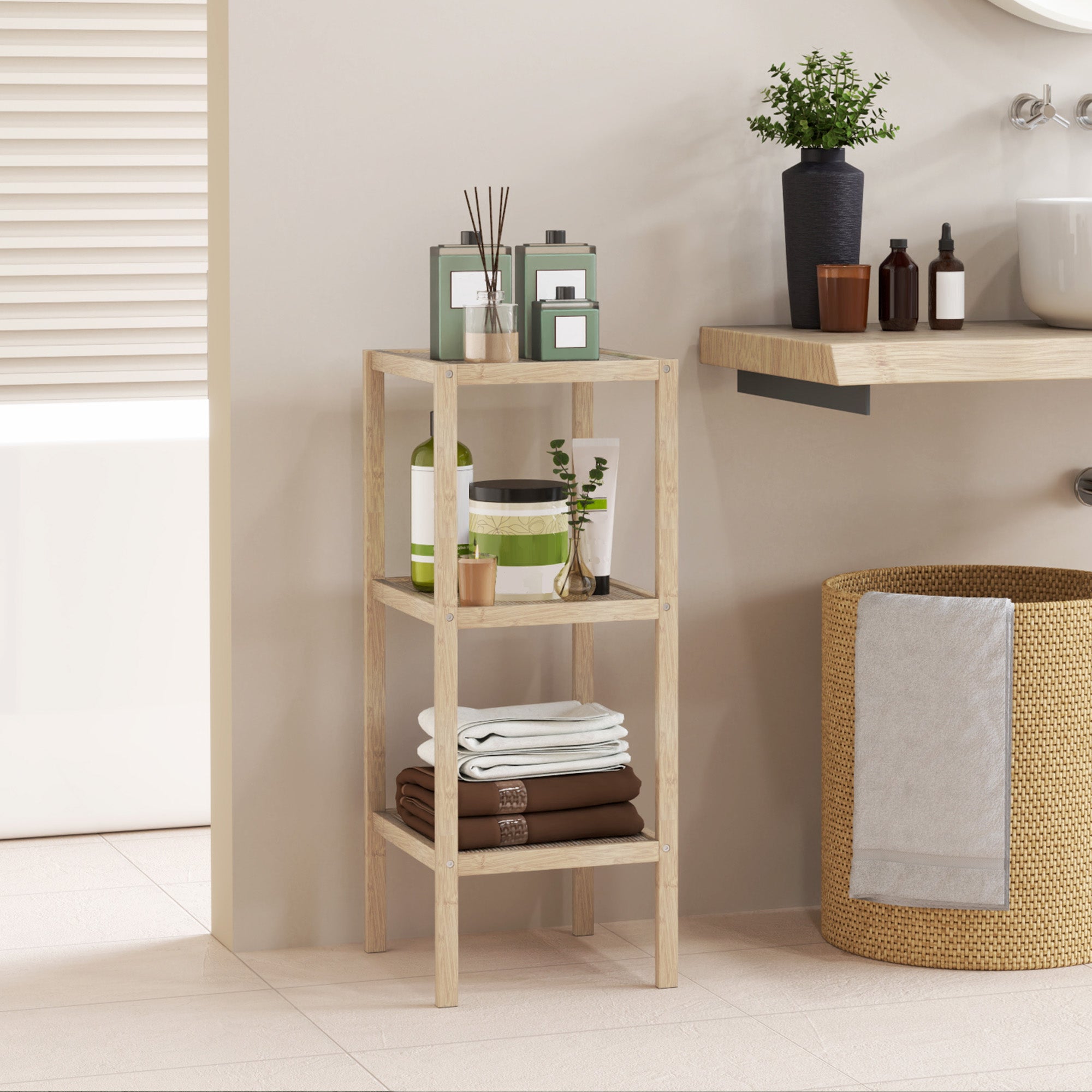 HOMCOM Three-Tier Bamboo Bathroom Shelf - Natural Finish