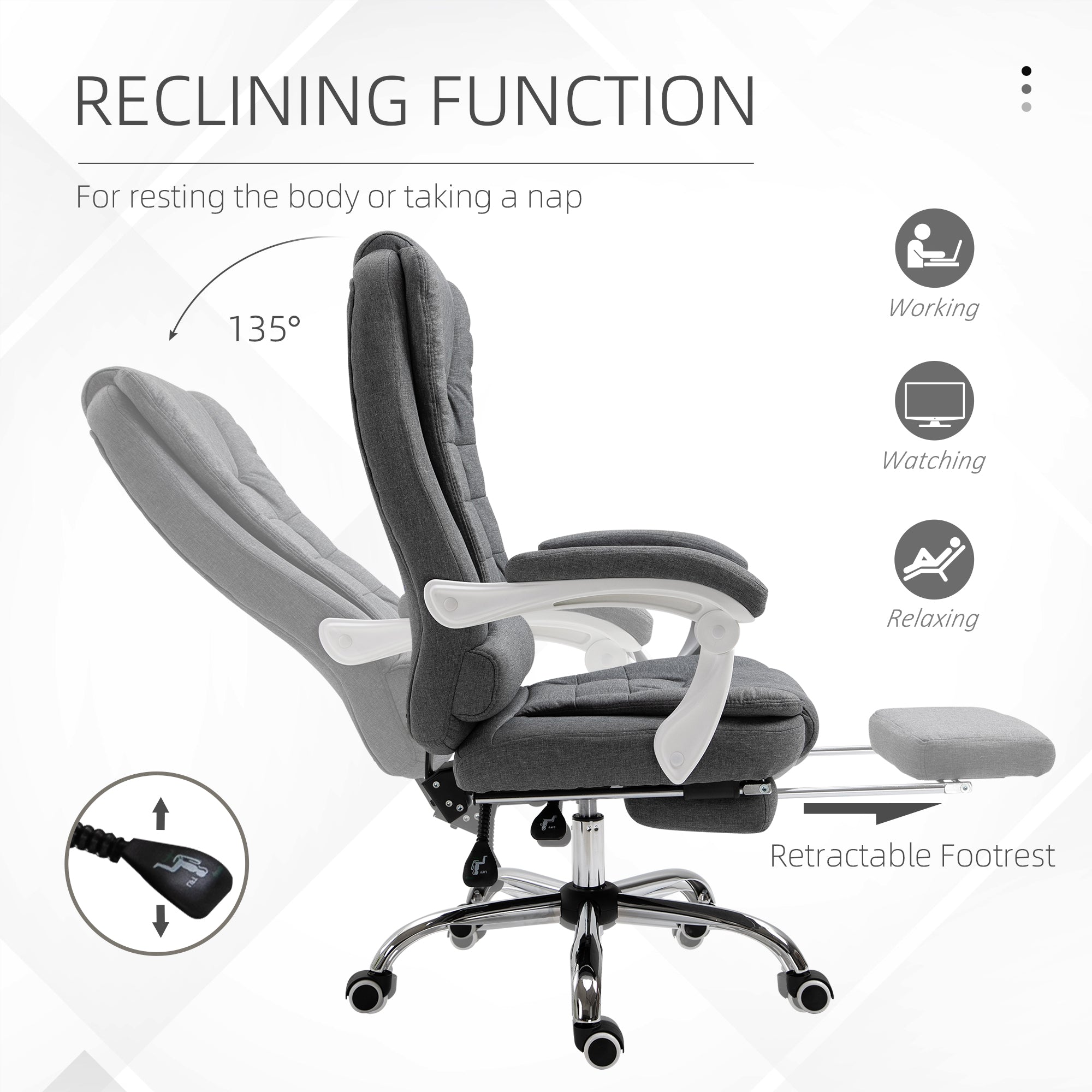 Vinsetto Office Chair, Computer Desk Chair, Linen Fabric Swivel Rolling Task Chair with Large Soft Padded Cushion, 135\'c2\'b0 Reclining Backrest and Retractable Footrest, Grey