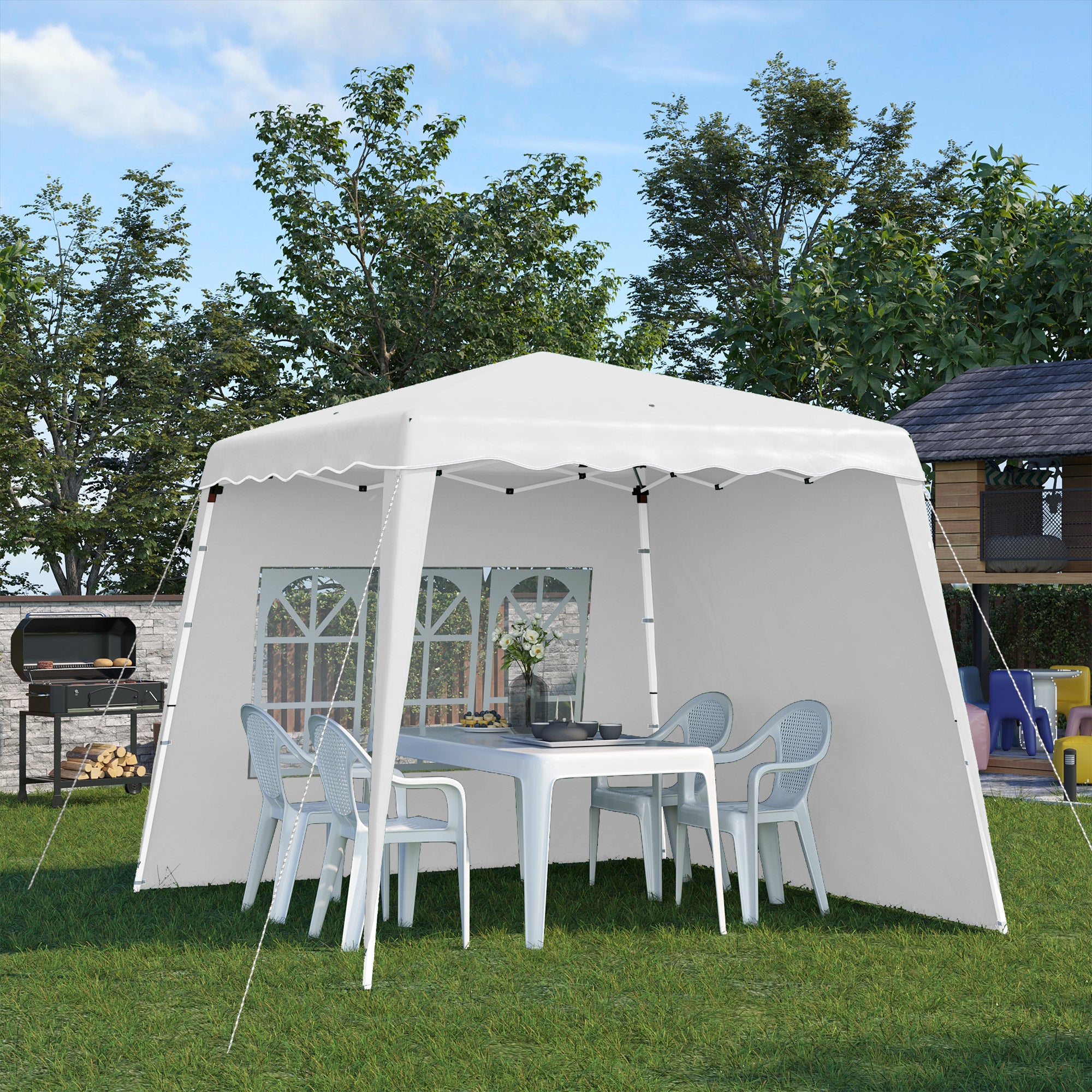 Outsunny 2.9 x 2.9m Pop Up Gazebo Canopy Tent with 2 Sidewalls and Carry Bag, Height Adjustable, UV50+ Party Tent Event Shelter for Garden, Patio, White