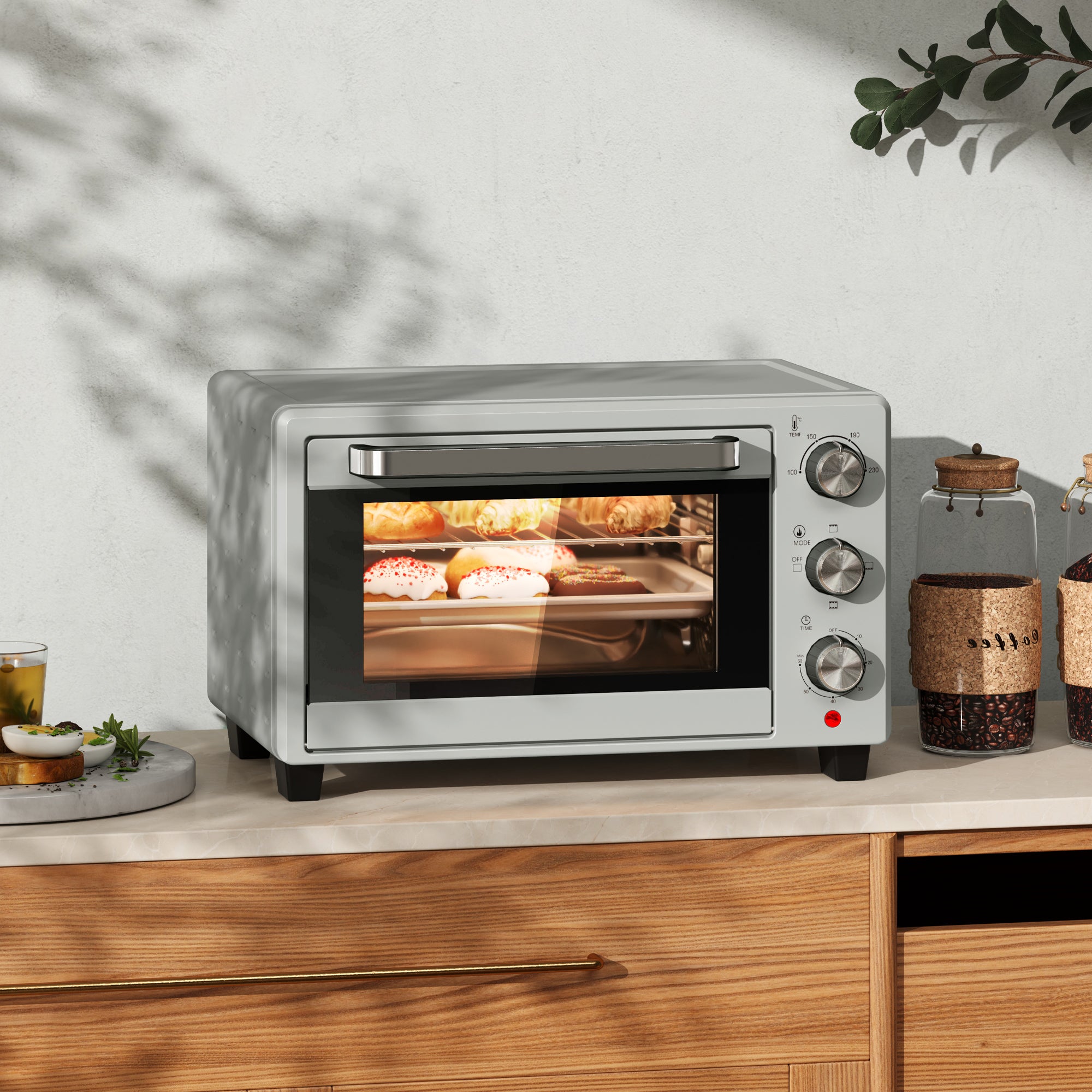 HOMCOM 21L Mini Countertop Oven, 100\'c2\'b0C-230\'c2\'b0C Adjustable Temp - Silver Tone