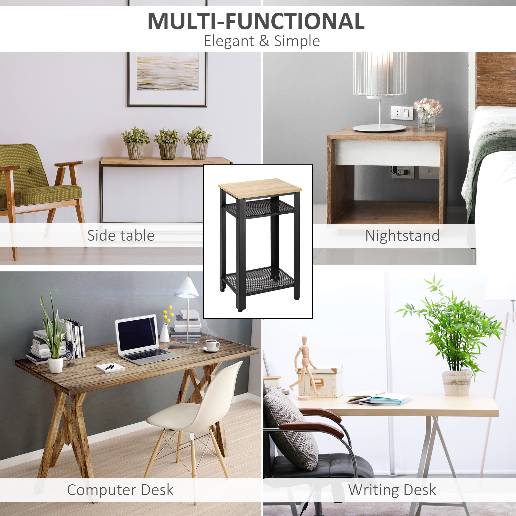 HOMCOM Tall Side Table Set of 2 with 3 Layer, 2 Shelves Storage Display Industrial-Style, Metal Frame, Bedside End Table for Living Room Bedroom, Oak and Black